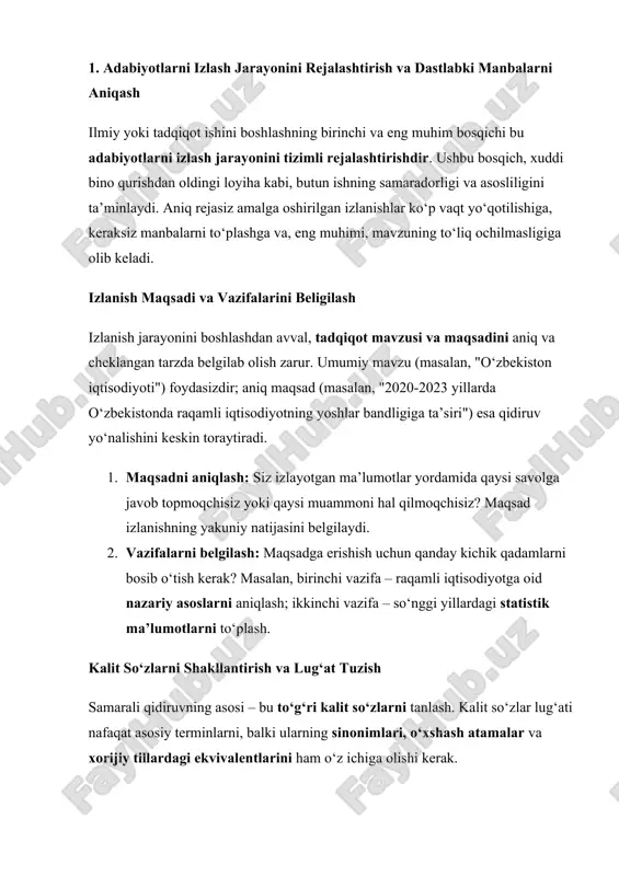 imlar): mavzuni biroz boshqa rakursdan yorituvchi so‘zlar ("innovatsiyalar", "axborot texnologiyalari", "ish bilan ta’minlash"). · geografik/vaqtiy chegaralar: mavzuni aniqlovchi so‘zlar ("o‘zbekiston", "markaziy osiyo", "2020-2023"). bu lug‘at turli ma’lumotlar bazalarida (o‘zbek, rus, ingliz) mos keluvchi materiallarni topish imkoniyatini keskin oshiradi. dastlabki manbalar turlari va ularni aniqlash ilmiy manbalar o‘zining kelib chiqishi va ma’lumotning yangilik darajasiga ko‘ra uch turga bo‘linadi: 1. birlamchi manbalar (primary sources): asl tadqiqot natijalari, eng qimmatli ma’lumotlar manbai. bularga quyidagilar kiradi: · ilmiy jurnallarda chop etilgan original maqolalar. · konferensiya tezislari va ma’ruzalari. · dissertatsiyalar va patentlar. · birlamchi statistik hisobotlar (davlat statistika qo‘mitasi ma’lumotlari). 2. ikkilamchi manbalar (secondary sources): birlamchi manbalarni tahlil qiluvchi, sintez qiluvchi va baholovchi ishlar. ular mavzu bo‘yicha umumiy tushuncha olishda yordam beradi. · monografiyalar va darsliklar. · birlamchi maqolalarga yozilgan sharhlar (review articles). · ensiklopediyalar va lug‘atlar. 3. uchlamchi manbalar (tertiary sources): ma’lumotlarni umumlashtiruvchi va birlamchi/ikkilamchi manbalarga yo‘naltiruvchi vositalar. · bibliografik ko‘rsatkichlar. · axborot …