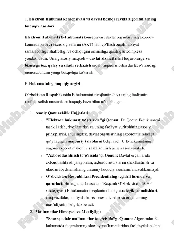 ini taqozo etgani sababli, bu qonun shaxsiy ma’lumotlarning yig‘ilishi, saqlanishi, qayta ishlanishi va uzatilishi tartibini, shuningdek, ularning maxfiyligini ta’minlash choralarini qat’iy belgilaydi. algoritmlar bu talablarga qat’iy rioya etishi shart. davlat boshqaruvida algoritmlarning huquqiy o‘rni algoritmlar e-hukumatning "yuragi" hisoblanadi. ular davlat organlariga ma’lumotlarni qayta ishlash, vaziyatlarni tahlil qilish va ma’lum qoidalarga asoslanib qaror qabul qilishda yordam beruvchi matematik modellar va ko‘rsatmalar tizimidir. davlat boshqaruvida algoritmlarning qo‘llanilishi quyidagi huquqiy prinsiplarga asoslanadi: 1. huquqiy shaffoflik (transparency): algoritmlarning qo‘llanilishidan oldin ularning ishlash prinsiplari va qaror qabul qilish mantig‘i huquqiy hujjatlar bilan tasdiqlanishi va nazariy jihatdan tekshirilishi mumkin bo‘lishi kerak. fuqaro o‘ziga nisbatan qabul qilingan avtomatik qarorning asoslarini bilishga huquqli. 2. adolat va xolislik (fairness): algoritmlar fuqarolarni jinsi, irqi, millati, ijtimoiy kelib chiqishi kabi xususiyatlari bo‘yicha kamsitmasligi kerak. huquqiy normalar algoritmlarni loyihalashda "algoritmik xolislik" tamoyiliga rioya etishni talab qiladi. ya’ni, barcha fuqarolarga davlat xizmatlaridan foydalanishda teng imkoniyat taqdim etilishi kafolatlanishi lozim. 3. mas’uliyat va hisobdorlik …