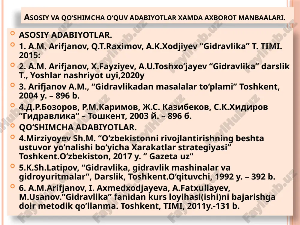 ’zgarmaydigan, cho’zuvchi va siljituvchi kuchlarga qarshilik ko’rsatmaydigan absolyut ideal tushunchadagi suyuqliklardir real qovushoq suyuqliklar modeli real suyuqliklarda barcha xossalar mavjud siqilishi, issiqlikdan kengayishi va hajm o’zgarishi ma’lum kichik miqdorga ega ideal suyuqliklarning real suyuqliklardan asosiyfarqsiljituvchi kuchga qarshilik ko’rsatish xossasi suyuqliklarda bosim tushunchasiga doir chizma muvozanatda turgan ihtiyoriy hajmdagi suyuq jism olinadi. po’rt = p/s p - gidrostatik bosim deb ataladi, h/m2 bilan o’lchanadi tinch turgan suyuqlikdagi bosimning asosiy xossalari. tinch turgan suyuqlikdagi bosimning asosiy xossalari. birinchi va ikkinchi xossalar gidrostatik bosim o’zi ta’sir qilayotgan yuzaga normal bo’yicha perpendikulyar yo’naladi. uchinchi xossa-gidrostatik bosim, u ta’sir qilayotgan nuqtada hamma yo’nalishlar bo’yicha bir xil qiymatga ega. suyuqliklar muvozanatining eyler differetsial tenglamasini keltirib chiqarishiga oid chizma suyuqliklar muvozanatining eyler differetsial tenglamasi muvozanat xolatda suyuqliklarga bosim va og’irlik quchlari ta’sir qiladi: og’irlik kuchlari va uning proyektsiyalari: - g ” ρxdv, ρydv, ρzdv,” gidrostatik bosim kuchi va uning proyektsiyalari: - x o’qi bo’yicha - pdydz, (p+ …