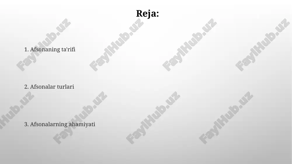 ar va haqiqat» mavzusi ko’pincha tarixiy voqealar bilan bog’liq bo’lib, 12-13-asrlarda sodir bo’lgan real faktlar afsonaviy elementlar bilan aralashib ketgan. ko’plab afsonalar 7 yoki 40 kunlik motam kabi urf-odatlar, qadimiy xalq e'tiqodlari hamda 100 dan ortiq avloddan avlodga o'tib kelayotgan og'zaki ijod mahsuli hisoblanadi. afsonalarning zamonaviy talqini zamonaviy talqinlarda afsonalar shunchaki ertaklar emas, balki insoniyat tajribasining ramziy ifodasidir, 21-asr muammolari uchun o'rnak bo'lib xizmat qiladi. adabiyotda afsonalar postmodernizm davrida qayta kashf etilmoqda, unda mavjud hikoyalar o'zgartirilib, hozirgi ijtimoiy muammolarni aks ettiruvchi 1990-yillardan boshlangan. e'tiboringiz uchun rahmat image3.png image4.jpg image5.jpg image6.jpg image7.jpg image8.jpg image9.jpg image10.jpg image1.png