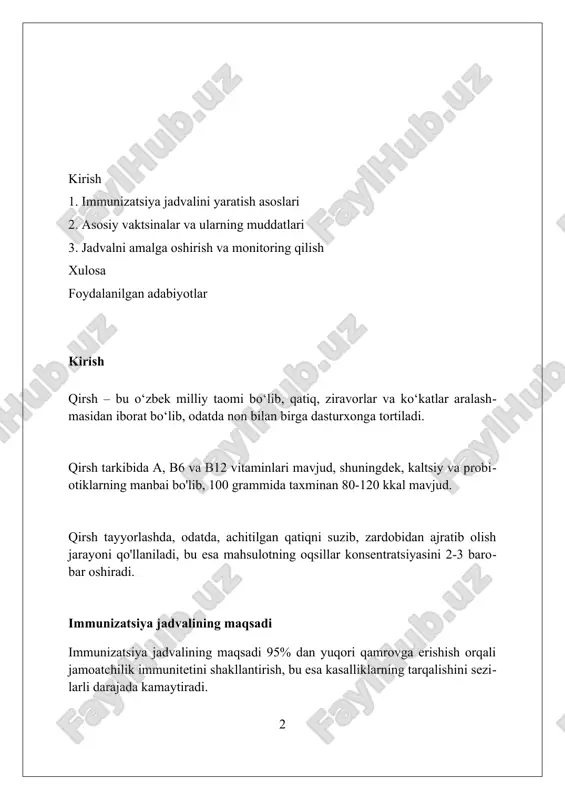 oya yaratadi. bu turdagi immunitet organizmning o'ziga xos javobini talab qilmaydi. aktiv immunitet, vaksinalar orqali qo'zg'atiladi, organizmning kasallikka qarshi antitelalar ishlab chiqarishini rag'batlantiradi va uzoq muddatli himoya ta'minlaydi, ba'zan bir necha yilgacha davom etadi. ommaviy immunitet (herd immunity) aholining katta qismining immunitetga ega bo'lishi orqali vaksina ololmaydigan yoki zaif immunitetga ega bo'lganlarni himoya qiladi, kasallik tarqalishini sekinlashtiradi. immunizatsiya jadvalini yaratish tamoyillari immunizatsiya jadvalini yaratishda birinchi tamoyil, emlashlarni optimal muddatlarda, masalan, 6, 10 va 14 haftalikda o'tkazish, bolaning immunitetini maksimal darajada himoya qilishni ta'minlaydi. ikkinchi tamoyil - individual xavf omillarini hisobga olish. agar bola muddatidan oldin tug'ilgan bo'lsa, emlash jadvali tegishli ravishda o'zgartirilishi va qo'shimcha dozalar kiritilishi mumkin. uchinchi tamoyil – kombinatsiyalangan vaktsinalardan foydalanish. bir nechta kasalliklarga qarshi emlashlarni bitta in'ektsiyada birlashtirish bolaning emlash yukini kamaytiradi va jadvalga rioya qilishni osonlashtiradi. emlash yoshining ahamiyati hayotning dastlabki oylarida immunitet tizimi hali rivojlanmagan. ba'zi vaksinalar, masalan, bcg, erta yoshda samaraliroq bo'lib, 1 oygacha …