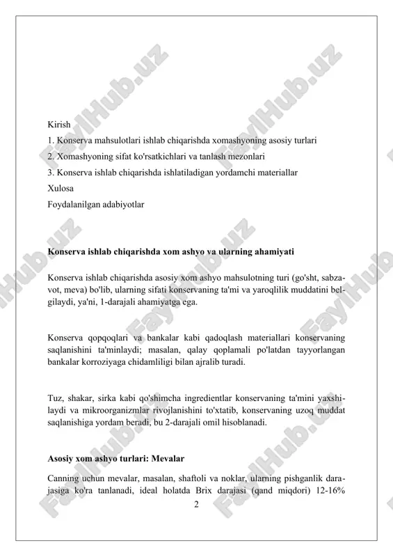 ddalar bo'lishi kerak, chunki pastroq ko'rsatkichlar mahsulotning ta'mi va to'qimasini yomonlashtirishi mumkin. konservalangan sabzavotlar uchun optimal ph darajasi odatda 4.0 dan 4.5 gacha bo'ladi; bu daraja clostridium botulinum kabi zararli mikroorganizmlarning o'sishini oldini olishga yordam beradi. asosiy xom ashyo turlari: go'sht go'sht xom ashyosi, asosan, mol go'shti, qo'y go'shti va cho'chqa go'shtidan iborat bo'lib, har bir tur o'zining yog'lilik darajasi va to'qimalariga ega bo'ladi, bu esa konservaning sifatiga ta'sir qiladi. konservalangan go'sht ishlab chiqarishda ph darajasi 5.4 dan 6.2 gacha bo'lgan go'sht ishlatiladi, bu daraja mikroorganizmlarning ko'payishini oldini oladi va mahsulotning saqlanish muddatini uzaytiradi. go'shtning tarkibidagi oqsil miqdori kamida 20% bo'lishi kerak, chunki oqsil konservalangan go'shtning ozuqaviy qiymatini belgilaydi va uning mustahkamligini ta'minlaydi. asosiy xom ashyo turlari: baliq konserva baliq ishlab chiqarishda asosiy xom ashyo – bu 1-navli yangi yoki muzlatilgan baliqdir. masalan, seld, skumbriya va losos kabi turlar konservaning sifatiga katta ta'sir ko'rsatadi. yog'li baliq turlari, masalan, 15% dan …