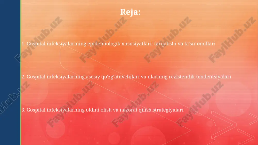 markaziy venoz kateter bilan bog'liq bo'lganlari, yuqori darajadagi kasallanish va o'limga olib kelishi mumkin, o'rtacha o'lim darajasi 12% dan 25% gacha. siydik yo'llari infeksiyalari, kateter bilan bog'liq holda, ko'pincha escherichia coli va boshqa gram-manfiy bakteriyalar tufayli yuzaga keladi va kasalxonada eng ko'p uchraydigan infeksiyalarning 30-40% ini tashkil qiladi. tarqalish yo'llari kontaminatsiyalangan tibbiy asboblar, masalan, endoskoplar, kateterlar orqali infeksiya tarqalishi, ayniqsa, tozalash va sterilizatsiya jarayonlari yetarli bo'lmaganda, sezilarli xavf tug'diradi. tibiyot xodimlarining qo'llari orqali infeksiya tarqalishi 20-40% hollarda kuzatiladi, ayniqsa, qo'llarni gigiyena qoidalariga rioya qilmaslik stafilokokklar kabi patogenlar uchun zamin yaratadi. reservuarlar rezervuarlar kasalxonada yuqadigan infektsiyalarning tarqalishida muhim rol o'ynaydi, masalan, gram-manfiy bakteriyalar uchun sanitariya-texnik vositalar (qo'l yuvadigan joylar) potensial manba bo'lib xizmat qilishi mumkin. yuzalarda biofilmlar shakllanishi infektsion agentlar uchun muhofaza qiluvchi muhitni yaratadi va bunday biofilmlar tibbiy asbob-uskunalarda (kateterlar) 72 soat ichida paydo bo'lishi mumkin va tozalashga chidamli bo'ladi. incubatsiya davri kasalxonada yuqtirilgan infektsiyalarning inkubatsiya davri ko'pincha 48 soatdan …