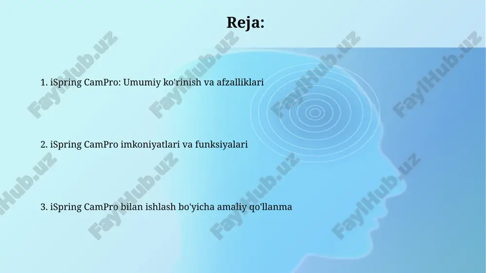 ini qo'llab-quvvatlaydi, aniqlikni saqlab, yuqori sifatli taqdimotlar yaratish imkonini beradi. ispring campro video tahrirlashda 15 dan ortiq o'tish effektlari, sarlavhalar, izohlar va animatsiyalarni qo'llab, materialga interaktivlik qo'shadi. audio tahrirlash imkoniyatlari ispring campro audio tahrirlashda shovqinni kamaytirish vositasi bilan ta'minlangan. shovqin darajasini dbda sozlash, hamda shovqinni yo'qotish intensivligini foizlarda belgilash imkoniyati mavjud. ovozni tahrirlashda, ispring campro ovoz balandligini normallashtirish funksiyasiga ega. bu funksiya orqali butun audio trek bo'ylab ovoz balandligi o'rtacha 89 db darajada ushlab turiladi. interaktiv elementlar qo'shish ispring campro dasturida 14 xil interaktiv elementlar mavjud, masalan, "timeline" yoki "hotspot" lar. bular talabalarning diqqatini jalb qilish va tushunishni oshirish uchun qo'shiladi. quiz maker yordamida turli testlar, jumladan, ko'p variantli, to'g'ri/noto'g'ri va moslashtirish savollarini yaratish mumkin. bu bilim darajasini baholashning interaktiv usulidir. test va so'rovlar yaratish ispring campro sizga 14 xil savol turidan foydalanib, testlarni yaratishga imkon beradi, jumladan, koʻp variantli, rost/yolgʻon va ochiq savollar. soʻrovlar shunchaki fikr-mulohaza yigʻish vositasi emas; …
