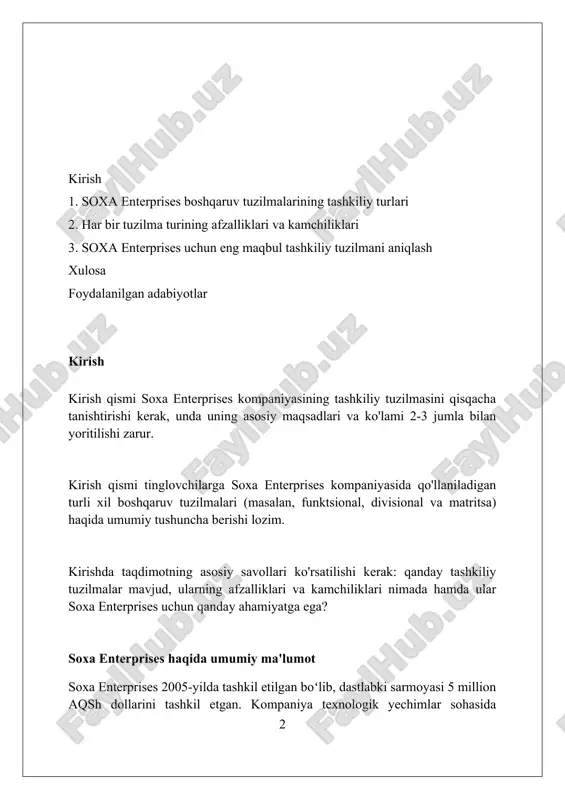 maqsadlariga erishish uchun resurslarni (pul, odamlar, materiallar) samarali taqsimlashga yordam beradi. tashkiliy tuzilmalarning turlari chiziqli tashkiliy tuzilma, eng sodda turi, to'g'ridan-to'g'ri buyruq zanjiriga ega. boshqaruv 100% nazoratga ega, lekin moslashuvchanlik darajasi past hisoblanadi. funktsional tuzilma resurslarni funktsional bo'limlarga (masalan, marketing, moliya) ajratadi. bu 80% ixtisoslashuvni ta'minlaydi, lekin muvofiqlashtirish qiyinlashishi mumkin. matritsali tashkiliy tuzilma loyiha va funktsional boshqaruvni birlashtiradi. xodimlar 60% gacha ikkita boshliqga hisobot beradi, bu esa murakkab aloqalarni keltirib chiqaradi. soxa enterprises'dagi mavjud boshqaruv tuzilmasi soxa enterprises'da 3 ta asosiy bo'lim mavjud: ishlab chiqarish, marketing va moliya. har bir bo'limda o'zining boshqaruv tuzilmasi bor, lekin ular umumiy boshqaruvga bo'ysunadi. kompaniyada tekis ierarxik tuzilma mavjud. unda bir nechta menejerlar bor, ular bevosita bosh direktorga hisobot beradi, bu esa tezkor qaror qabul qilish imkonini beradi. soxa enterprises loyiha boshqaruvining matritsaviy tuzilmasidan foydalanadi. bu xodimlarga turli loyihalarda ishtirok etish va bir nechta rahbarlarga hisobot berish imkonini beradi. funktsional tuzilma funktsional tuzilmada, xodimlar …