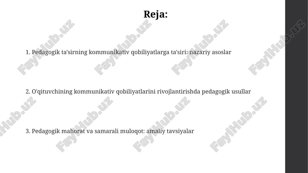 tuvchining kommunikativ qobiliyatini shakllantiradi va o'quvchilarga yetkazishda samaradorlikni oshiradi. pedagogik mahoratning kommunikativ qobiliyatlarga ta'siri pedagogik mahorat o'qituvchining tinglovchilarni tushunish darajasini oshiradi, bu esa 70% gacha aniqroq ma'lumot yetkazishga yordam beradi va o'zaro hurmatni shakllantiradi. kommunikativ mahorat pedagogik uslublar orqali rivojlanadi, shu jumladan, interaktiv metodlar (muammoli vaziyatlar) 65% samaraliroq o'quv muhitini yaratishda muhim rol o'ynaydi. pedagogik mahorat o'qituvchiga nutq madaniyatini shakllantirishda yordam beradi, bu esa 80% gacha tinglovchilarning diqqatini jalb etish, so'z boyligini oshirish va mantiqiy fikrlashni rivojlantirishga ta'sir qiladi. muloqot uslublari va o'quv jarayoni demokratik uslub, aksincha, o'quvchilar bilan 2 tomonlama muloqotni rag'batlantirib, ularning fikrlash qobiliyatini rivojlantiradi, hamda 3-kommunikativ kompetensiyasini oshiradi. pedagogik uslublar, masalan, 1-avtoritar yondashuv dars jarayonida o'quvchilarning faolligini cheklab, muloqotni kamaytirishi mumkin. individual yondashuv orqali har bir o'quvchining 4-ehtiyojlarini hisobga olish, o'quv jarayonida ularning muloqotga bo'lgan ishtiyoqini oshirishi mumkin. tinglash ko'nikmalari va ularning ahamiyati tinglash qobiliyati 5 asosiy elementdan iborat: qabul qilish, tushunish, baholash, javob berish va eslab …
