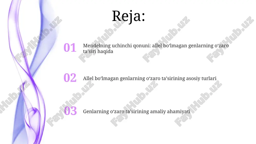 ementar genlar taʼsirining amaliy ahamiyati 9:7 nisbatida namoyon boʻladi, bu esa oʻsimliklar kasalliklariga chidamliligini seleksiya qilishda muhim. misol uchun, zamburugʻli kasalliklarga chidamli duragaylarni yaratishda foydalidir. e'tiboringiz uchun rahmat image1.jpeg image2.jpeg image3.jpeg