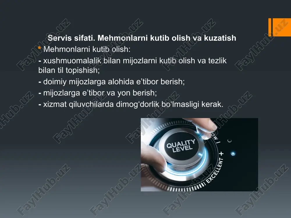‘radi va restoran direktorini bu haqsa xabardor qiladi. restoran yopilgach, bosh ofitsiant kun bo‘yi tushgan pulni ofitsiantlar kassaga topshirdimi-yo‘qmi, idish-anjomlarning topshirilganini tekshiradi. xizmat qilgan xodimlar o‘z vaqtida uylariga ketishlarini ta’minlaydi. bar ko‘rinishlari. barlarni xizmat ko‘rsatuvchi personali bar – kichkina restoran, ilgari mayxona nomi bilan atalgan. keng assortimentda har xil ichimliklar sotiladi. shuning bilan birga barda taomlar, gazaklar, qandolat mahsulotlari ham bo‘lishi mumkin. barlarning vazifasi – bu yerga keluvchilarga yaxshi xizmat ko‘rsatish, shinam jihozlangan, chiroyli joyda ko‘ngildagidek dam olish sharoitini yaratish, musiqa, sanoatkorlar chiqishi, videoeshittirishlar tashkil qilish. assortimentga qarab barlar quyidagi turlarga bo‘linadi: pivo barlari, vino, sut-qatiq, kokteyl-xoll, kokteyl-barlar. kokteyl-xoll kokteyl-bardan zalining kattaligi, jihozlanishining turli-tumanligi bilan farqlanadi. alkogol ichimliksiz barlar paydo bo‘la boshladi. bunday joylar ommaviy dam olish joylariga aylanadi, har xil kasbga ega yoshlar uchrashadi va alkogolsiz ichimliklarni taklif qiladi. salat-barlar – maxsus peshtaxta bilan jihozlangan, ochiq sovutgich vitrinasiga ega. maxsus idishlarda tayyorlangan har xil salatlar: ko‘k salat, bodring, rediska, …