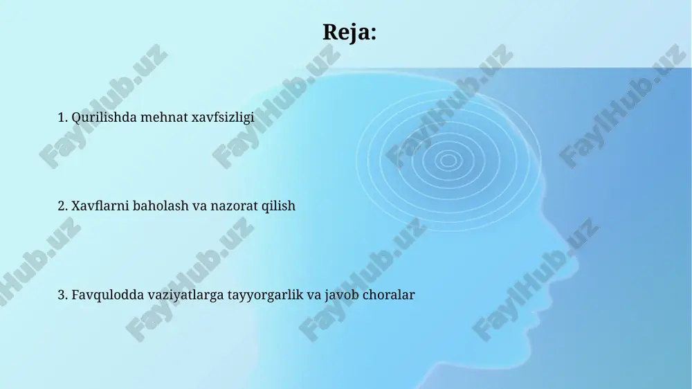 zam tekshiruvdan o'tkazish shart, ularning optimal holatda bo'lishini va en 361 standartiga mos kelishini ta'minlash kerak, aks holda tizim ishlamay qolishi mumkin. elektr xavfsizligi elektr xavfsizligi qoidalariga ko'ra, qurilish maydonlarida 42 v kuchlanishdan yuqori bo'lgan barcha elektr uskunalaridan foydalanganda, xodimlar dielektrik qo'lqop va poyabzal kiyishlari shart. elektr xavfsizligi bo'yicha maxsus o'qitilgan va attestatsiyadan o'tgan shaxslargina 220 v va undan yuqori kuchlanishdagi elektr tarmoqlarida ishlashga ruxsat etiladi, ularda himoya vositalari bo'lishi kerak. qazish ishlari xavfsizligi qazish ishlarida 1.5 metrdan ortiq chuqurlikda mustahkamlanmagan devorlar qulash xavfini tug'diradi, shuning uchun gost 12.4.059-89 bo'yicha devorlar mustahkamlanishi shart. qazish joylarida 220 volt va undan yuqori kuchlanishli elektr kabellari mavjud bo'lsa, ish boshlashdan oldin ularni o'chirish yoki himoya g'ilofiga o'rash talab etiladi, aks holda 1-darajali xavf yuzaga kelishi mumkin. yuk ko'tarish operatsiyalari yuk ko'tarish operatsiyalarida og'irlik markazini aniq hisoblash muhim, chunki noto'g'ri markazlashuv yukning ag'darilishiga yoki uskunaning beqarorligiga olib kelishi mumkin. kranlar va boshqa yuk ko'tarish …