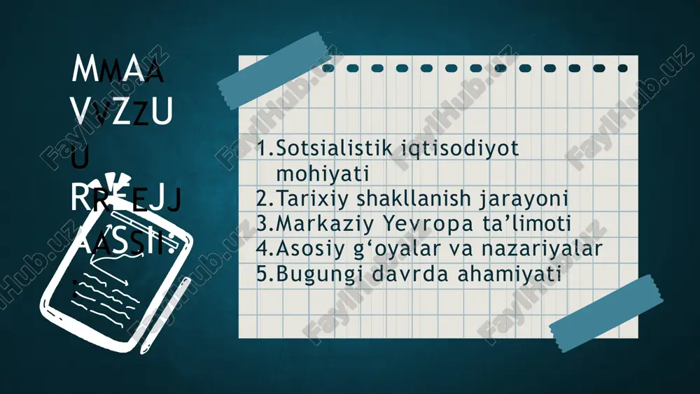 iy sotsializm”ni rivojlantirdilar maqsad – ijtimoiy islohotlar orqali jamiyatni sotsialistik yo‘l bilan o‘zgartirish. aavvssttrriiyyaa vvaa cchheexxiiyyaa iiqqttiissooddiiyy mmaakkttaabbllaarrii avstriyada sotsialistik fikrlar vena universiteti atrofida shakllandi. ular iqtisodiy barqarorlik va ijtimoiy adolatni uyg‘unlashtirishni yoqladilar. chex olimlari esa “xalq xo‘jaligi hamkorligi” g‘oyasini ilgari surdilar. demokratik sotsializm markaziy yevropada “inqilob emas, islohot” yo‘li targ‘ib qilindi. demokratik sotsializm – bu demokratiya + ijtimoiy adolat + davlat tartibga solishi tamoyillariga asoslanadi. bunda xususiy mulk mavjud, lekin ijtimoiy tenglik davlat siyosati orqali ta’minlanadi. ijtimoiy bozor iqtisodiyoti (germaniya modeli) xx asr o‘rtalarida germaniyada shakllangan model. asosiy g‘oya: “bozor iqtisodi, lekin ijtimoiy adolat bilan.” u sotsialistik g‘oyalar bilan bozor mexanizmini uyg‘unlashtirdi. sotsialistik iqtisodiyotning afzalliklari va kamchiliklari kamchiliklari raqobatning yo‘qligi sababli samaradorlik past bo‘ladi innovatsiyalar sekin rivojlanadi davlat byurokratiyasi ortadi shaxsiy manfaat va tashabbus susayadi rejali iqtisodiyot moslashuvchanlikni kamaytiradi afzalliklari ijtimoiy tenglik va adolatning ta’minlanishi bandlikning to‘liq bo‘lishi davlat tomonidan bepul ta’lim va tibbiyot boylikning adolatli taqsimlanishi iqtisodiy inqirozlarning …