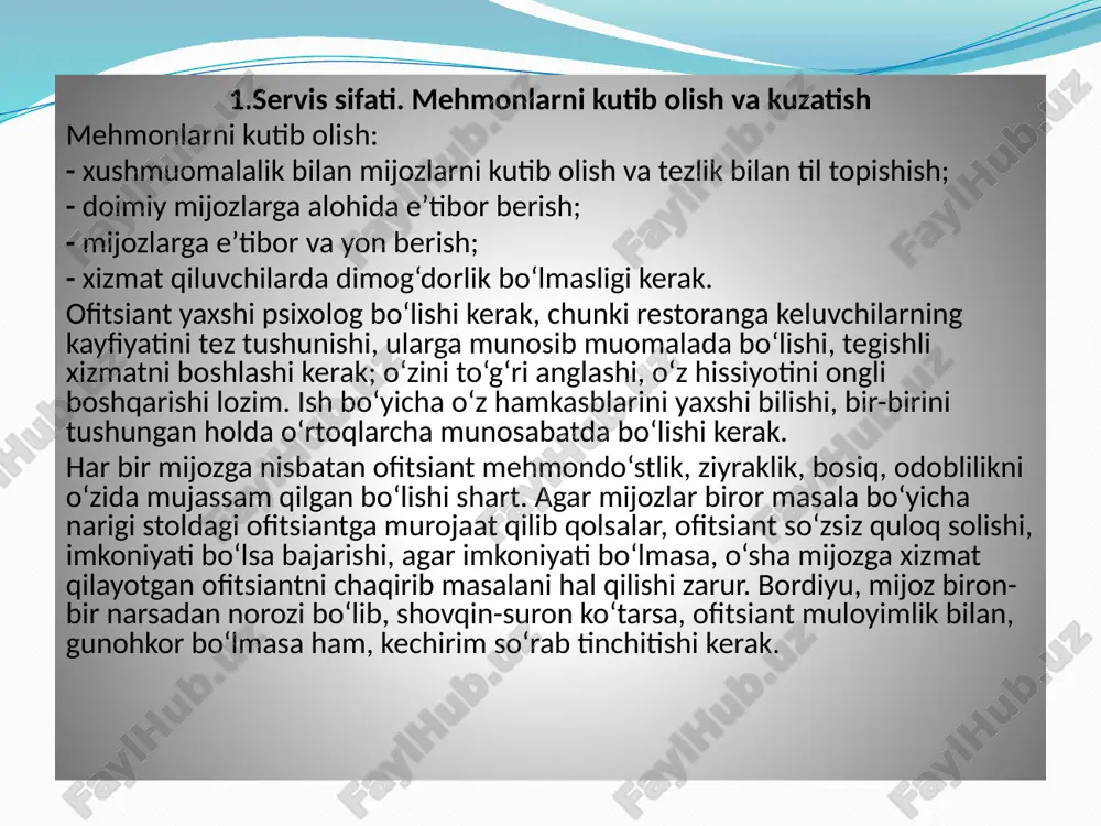 rahmatnomalar haqida gapiradi. bugungi kun vazifalari, taom va mahsulotlarni realizatsiya qilish yo‘llarini ko‘rsatadi. bosh ofitsiant ishdagi o‘zgarishlar, restoran, trest (bir sohadagi )bo‘yicha e’lon qilingan buyruq, farmoyishlar haqida ofitsiant, bufetchi, shveysar, farrosh va boshqalarni xabardor qilishi kerak. «besh daqiqa» lik yig‘ilishga bosh ofitsiant restoranning sex, bo‘lim va boshqa xizmat boshliqlarini chaqiradi. bunday yig‘ilishlarda restoran direktori yoki uning muovini qatnashishi shart. bosh ofitsiant hamkasblariga nisbatan xushmuomala, g‘amxo‘r, ochiq ko‘ngilli, o‘rtoqlik munosabatida bo‘lishi lozim. bosh ofitsiant brigadalarga tegishli joylarni bo‘lib beradi, tantanali qabullar, banketlar, to‘ylarda xizmat qilish bo‘yicha brigadir tayinlaydi. 3.bar ko‘rinishlari. barlarni xizmat ko‘rsatuvchi personali bar – kichkina restoran, ilgari mayxona nomi bilan atalgan. keng assortimentda har xil ichimliklar sotiladi. shuning bilan birga barda taomlar, gazaklar, qandolat mahsulotlari ham bo‘lishi mumkin. barlarning vazifasi – bu yerga keluvchilarga yaxshi xizmat ko‘rsatish, shinam jihozlangan, chiroyli joyda ko‘ngildagidek dam olish sharoitini yaratish, musiqa, sanoatkorlar chiqishi, videoeshittirishlar tashkil qilish. assortimentga qarab barlar quyidagi turlarga bo‘linadi: pivo …