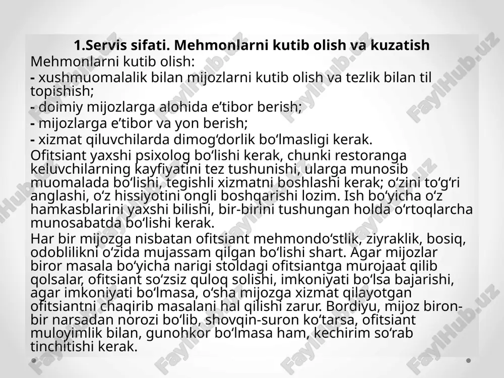 rahmatnomalar haqida gapiradi. bugungi kun vazifalari, taom va mahsulotlarni realizatsiya qilish yo‘llarini ko‘rsatadi. bosh ofitsiant ishdagi o‘zgarishlar, restoran, trest (bir sohadagi )bo‘yicha e’lon qilingan buyruq, farmoyishlar haqida ofitsiant, bufetchi, shveysar, farrosh va boshqalarni xabardor qilishi kerak. «besh daqiqa» lik yig‘ilishga bosh ofitsiant restoranning sex, bo‘lim va boshqa xizmat boshliqlarini chaqiradi. bunday yig‘ilishlarda restoran direktori yoki uning muovini qatnashishi shart. bosh ofitsiant hamkasblariga nisbatan xushmuomala, g‘amxo‘r, ochiq ko‘ngilli, o‘rtoqlik munosabatida bo‘lishi lozim. bosh ofitsiant brigadalarga tegishli joylarni bo‘lib beradi, tantanali qabullar, banketlar, to‘ylarda xizmat qilish bo‘yicha brigadir tayinlaydi. 3.bar ko‘rinishlari. barlarni xizmat ko‘rsatuvchi personali bar – kichkina restoran, ilgari mayxona nomi bilan atalgan. keng assortimentda har xil ichimliklar sotiladi. shuning bilan birga barda taomlar, gazaklar, qandolat mahsulotlari ham bo‘lishi mumkin. barlarning vazifasi – bu yerga keluvchilarga yaxshi xizmat ko‘rsatish, shinam jihozlangan, chiroyli joyda ko‘ngildagidek dam olish sharoitini yaratish, musiqa, sanoatkorlar chiqishi, videoeshittirishlar tashkil qilish. assortimentga qarab barlar quyidagi turlarga bo‘linadi: pivo …