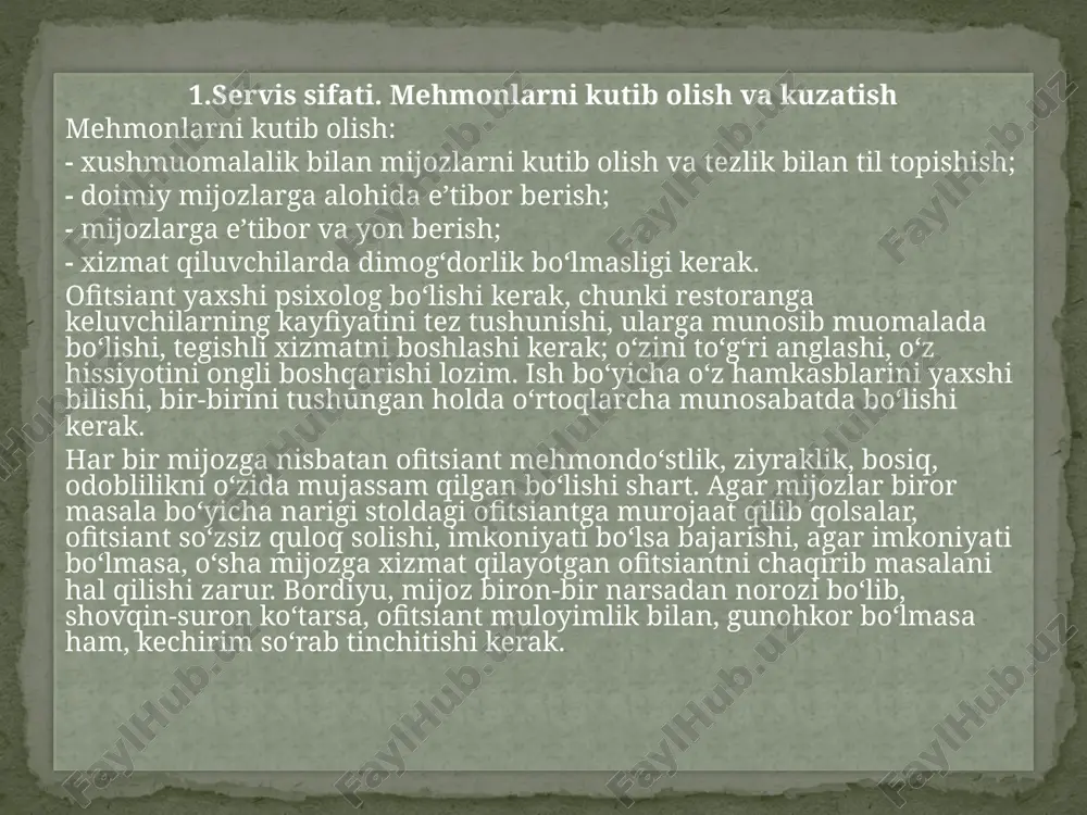 rahmatnomalar haqida gapiradi. bugungi kun vazifalari, taom va mahsulotlarni realizatsiya qilish yo‘llarini ko‘rsatadi. bosh ofitsiant ishdagi o‘zgarishlar, restoran, trest (bir sohadagi )bo‘yicha e’lon qilingan buyruq, farmoyishlar haqida ofitsiant, bufetchi, shveysar, farrosh va boshqalarni xabardor qilishi kerak. «besh daqiqa» lik yig‘ilishga bosh ofitsiant restoranning sex, bo‘lim va boshqa xizmat boshliqlarini chaqiradi. bunday yig‘ilishlarda restoran direktori yoki uning muovini qatnashishi shart. bosh ofitsiant hamkasblariga nisbatan xushmuomala, g‘amxo‘r, ochiq ko‘ngilli, o‘rtoqlik munosabatida bo‘lishi lozim. bosh ofitsiant brigadalarga tegishli joylarni bo‘lib beradi, tantanali qabullar, banketlar, to‘ylarda xizmat qilish bo‘yicha brigadir tayinlaydi. 3.bar ko‘rinishlari. barlarni xizmat ko‘rsatuvchi personali bar – kichkina restoran, ilgari mayxona nomi bilan atalgan. keng assortimentda har xil ichimliklar sotiladi. shuning bilan birga barda taomlar, gazaklar, qandolat mahsulotlari ham bo‘lishi mumkin. barlarning vazifasi – bu yerga keluvchilarga yaxshi xizmat ko‘rsatish, shinam jihozlangan, chiroyli joyda ko‘ngildagidek dam olish sharoitini yaratish, musiqa, sanoatkorlar chiqishi, videoeshittirishlar tashkil qilish. assortimentga qarab barlar quyidagi turlarga bo‘linadi: pivo …