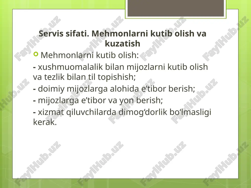 chiqishi, videoeshittirishlar tashkil qilish. assortimentga qarab barlar quyidagi turlarga bo‘linadi: pivo barlari, vino, sut-qatiq, kokteyl-xoll, kokteyl-barlar. kokteyl-xoll kokteyl-bardan zalining kattaligi, jihozlanishining turli-tumanligi bilan farqlanadi. alkogol ichimliksiz barlar paydo bo‘la boshladi. bunday joylar ommaviy dam olish joylariga aylanadi, har xil kasbga ega yoshlar uchrashadi va alkogolsiz ichimliklarni taklif qiladi. salat-barlar – maxsus peshtaxta bilan jihozlangan, ochiq sovutgich vitrinasiga ega. maxsus idishlarda tayyorlangan har xil salatlar: ko‘k salat, bodring, rediska, pomidor, tuxum, kartoshka, sabzi, qizilcha, ukrop, piyoz, petrushka, karam, shuningdek, go‘sht, baliq, kolbasa, pishloq va boshqalar qo‘yiladi. ho‘l meva barlari – umumiy ovqatlantirish korxonalarining yangi bir turi. ijtimoiy vazifalarni hal qilishga qaratilgan, alkogol ichimliklar iste’molini kamaytirish nazarda tutilgan tadbir sifatida paydo bo‘ldi. ekspress-barlar (bir zumda xizmat qilish)–savdo markazlarida, mehmonxona va vokzallarda faoliyat ko‘rsatadi. mahsulotlar assortimenti bar vazifasiga mos tushishi kerak: buterbrodlar, qiymalangan go‘shtlar non betiga qo‘yilgan taomlar, har xil qandolat va sut mahsulotlarini taklif qiladi. gril-barlar – savdo markazlarida, shahar ichida, dam …