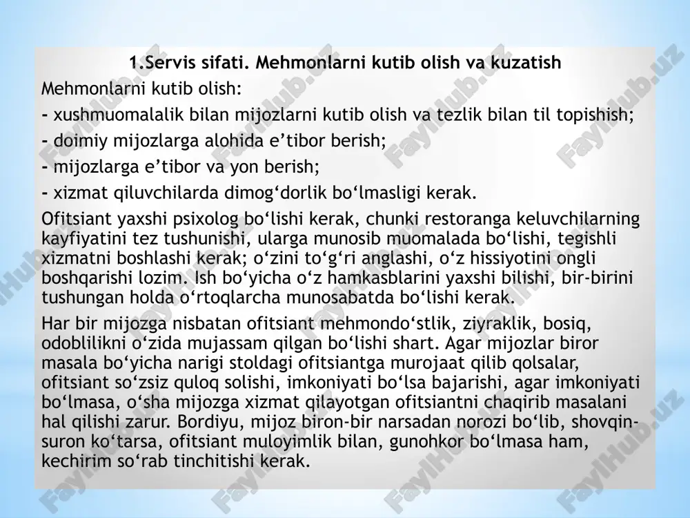 rahmatnomalar haqida gapiradi. bugungi kun vazifalari, taom va mahsulotlarni realizatsiya qilish yo‘llarini ko‘rsatadi. bosh ofitsiant ishdagi o‘zgarishlar, restoran, trest (bir sohadagi )bo‘yicha e’lon qilingan buyruq, farmoyishlar haqida ofitsiant, bufetchi, shveysar, farrosh va boshqalarni xabardor qilishi kerak. «besh daqiqa» lik yig‘ilishga bosh ofitsiant restoranning sex, bo‘lim va boshqa xizmat boshliqlarini chaqiradi. bunday yig‘ilishlarda restoran direktori yoki uning muovini qatnashishi shart. bosh ofitsiant hamkasblariga nisbatan xushmuomala, g‘amxo‘r, ochiq ko‘ngilli, o‘rtoqlik munosabatida bo‘lishi lozim. bosh ofitsiant brigadalarga tegishli joylarni bo‘lib beradi, tantanali qabullar, banketlar, to‘ylarda xizmat qilish bo‘yicha brigadir tayinlaydi. 3.bar ko‘rinishlari. barlarni xizmat ko‘rsatuvchi personali bar – kichkina restoran, ilgari mayxona nomi bilan atalgan. keng assortimentda har xil ichimliklar sotiladi. shuning bilan birga barda taomlar, gazaklar, qandolat mahsulotlari ham bo‘lishi mumkin. barlarning vazifasi – bu yerga keluvchilarga yaxshi xizmat ko‘rsatish, shinam jihozlangan, chiroyli joyda ko‘ngildagidek dam olish sharoitini yaratish, musiqa, sanoatkorlar chiqishi, videoeshittirishlar tashkil qilish. assortimentga qarab barlar quyidagi turlarga bo‘linadi: pivo …