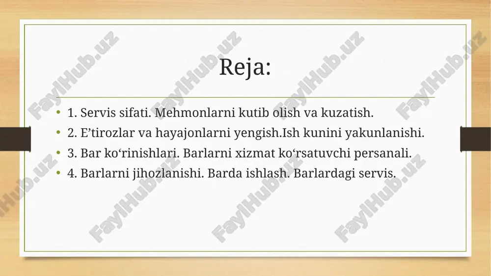 ihozlangan koʻngildagidek chiroyli joyda dam olish olish sharoitini yaratish . assartimentga qarab barlar quyidagi turlarga boʻlinadi: alkagol ichimliksiz barlar- bunday joylar ommaviy dam olish joylariga aylana boshladi va har xil kasbga ega yoshlar uchrashadi va alkogolsiz ichimliklar taklif qiladi. salat barlar- maxsus peshtaxta bilan jihozlangan, ochiq sovutgich vitainasiga ega. maxsus idishlarda har xil salatlar. sut mahsulotlari barlari- oʻz mahsulot assartimenti bilan boshqalardan ajraladi. sut va sariyogʻ kakteyllaridan tashqari barning kundalik taomnomasida buterbrodlar, kolbasalar, pishloq, bir necha hil sutli taomlar tvaroqli somsalar, undan tashqari qandolat mahsulotlari, shirin taom va ichimliklar boʻladi. hal mevali barlar- umumiy ovqatlanish korxonalarining yangi turi. ijtimoiy vazifalarni hal qilishda qaratilgan alkogol ichimliklar iste'molini kamaytirish nazarda tutilgan tadbir sifatida paydo boʻladi. ekspress barlar- bir zumda xizmat qilishlar savdo markazlarida mehmonxona va vakzallarda faoliyat koʻrsatadi. pivo barlari- maxsus joylarda pivo qoʻyib sotiladi yoki shishada beriladi. disko barlari- kunduz kunlari kafe sifatida ish olib boradi. kechqurun esa bar xizmatini oʻtaydi. …
