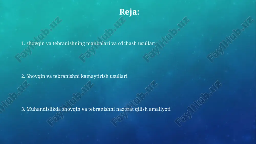 qulog'iga o'xshash, c past chastotalarga, z esa barcha chastotalarni teng o'lchaydi (20 hz - 20 khz). shovqinning baholashida leq (ekvivalent doimiy shovqin darajasi) ko'rsatkichi muhim; u ma'lum vaqt davomida o'rtacha shovqin energiyasini ifodalaydi va db(a) da o'lchanadi. vibratsiyani o'lchash va baholash vibratsiyani o'lchashda tezlik, siljish va tezlanish kabi parametrlar ishlatiladi, odatda gerts (hz) da o'lchanadigan chastota diapazonida aniqlikni ta'minlaydi. baholashda vibratsiyaning inson tanasiga ta'siri, masalan, qo'l-qo'l vibratsiyasi sindromi (havs) va butun tan vibratsiyasi (wbv) kabi xavflar hisobga olinadi. shovqinni nazorat qilish usullari shovqinni kamaytirishning passiv usullari, masalan, devorlarga 5-10 sm qalinlikdagi tovushni yutuvchi materiallar o'rnatish orqali aks sado va shovqin darajasini pasaytirish mumkin. faol shovqinni bekor qilish tizimlari mikrofonlar va dinamiklardan foydalanib, shovqin to'lqinlariga qarshi 180 daraja fazali to'lqinlar yaratadi, bu esa shovqinni sezilarli darajada kamaytiradi. vibratsiyani nazorat qilish usullari vibratsiyani dampinglash uchun viskoelastik materiallar qo'llaniladi, bu energiya yo'qotilishi orqali tebranish amplitudalarini 70% gacha kamaytiradi, bu ayniqsa yupqa panellarda samarali. …