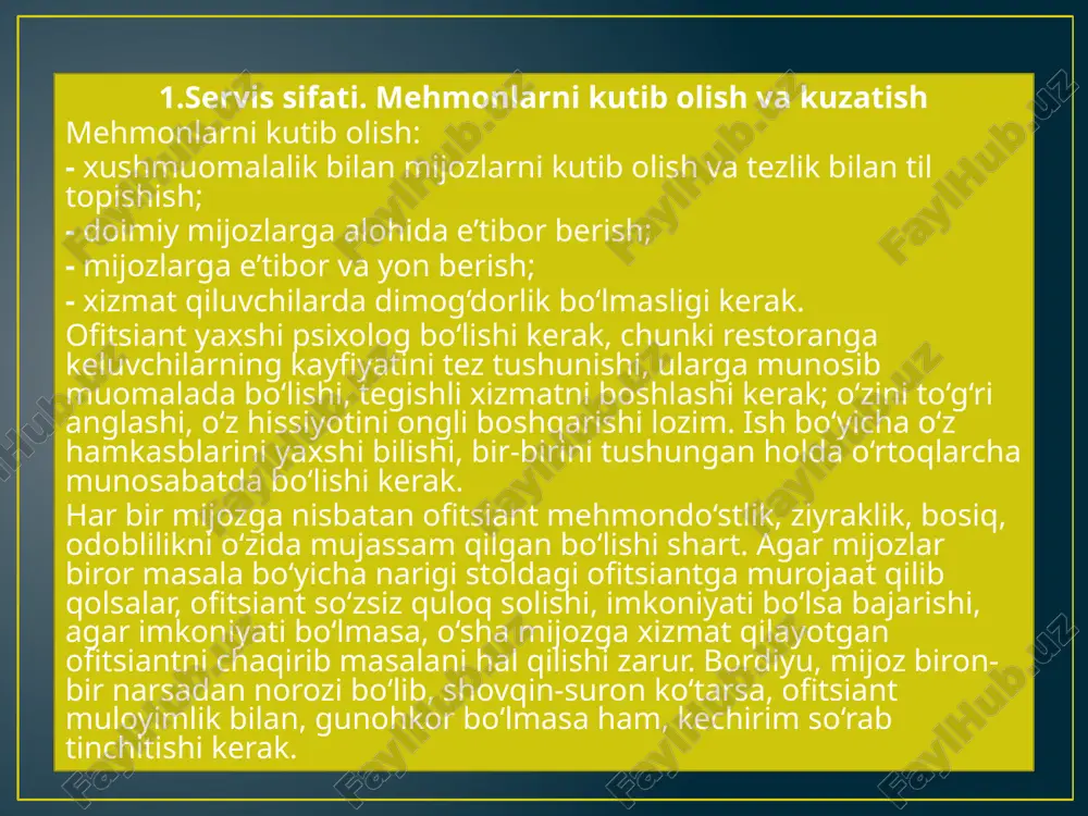 rahmatnomalar haqida gapiradi. bugungi kun vazifalari, taom va mahsulotlarni realizatsiya qilish yo‘llarini ko‘rsatadi. bosh ofitsiant ishdagi o‘zgarishlar, restoran, trest (bir sohadagi )bo‘yicha e’lon qilingan buyruq, farmoyishlar haqida ofitsiant, bufetchi, shveysar, farrosh va boshqalarni xabardor qilishi kerak. «besh daqiqa» lik yig‘ilishga bosh ofitsiant restoranning sex, bo‘lim va boshqa xizmat boshliqlarini chaqiradi. bunday yig‘ilishlarda restoran direktori yoki uning muovini qatnashishi shart. bosh ofitsiant hamkasblariga nisbatan xushmuomala, g‘amxo‘r, ochiq ko‘ngilli, o‘rtoqlik munosabatida bo‘lishi lozim. bosh ofitsiant brigadalarga tegishli joylarni bo‘lib beradi, tantanali qabullar, banketlar, to‘ylarda xizmat qilish bo‘yicha brigadir tayinlaydi. 3.bar ko‘rinishlari. barlarni xizmat ko‘rsatuvchi personali bar – kichkina restoran, ilgari mayxona nomi bilan atalgan. keng assortimentda har xil ichimliklar sotiladi. shuning bilan birga barda taomlar, gazaklar, qandolat mahsulotlari ham bo‘lishi mumkin. barlarning vazifasi – bu yerga keluvchilarga yaxshi xizmat ko‘rsatish, shinam jihozlangan, chiroyli joyda ko‘ngildagidek dam olish sharoitini yaratish, musiqa, sanoatkorlar chiqishi, videoeshittirishlar tashkil qilish. assortimentga qarab barlar quyidagi turlarga bo‘linadi: pivo …