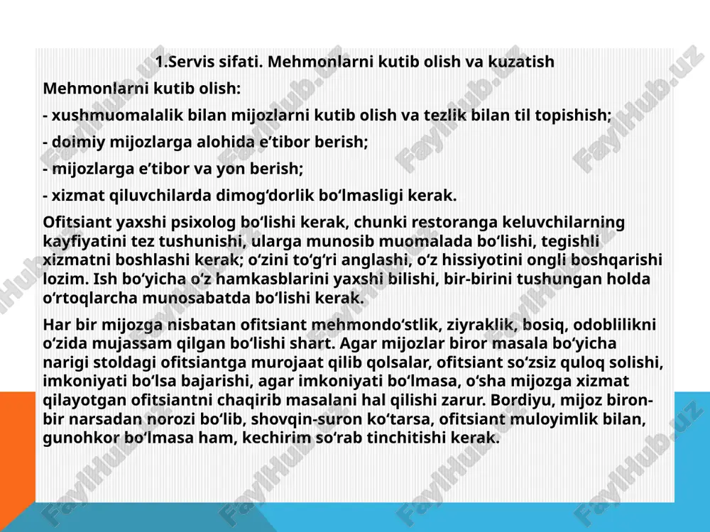 rahmatnomalar haqida gapiradi. bugungi kun vazifalari, taom va mahsulotlarni realizatsiya qilish yo‘llarini ko‘rsatadi. bosh ofitsiant ishdagi o‘zgarishlar, restoran, trest (bir sohadagi )bo‘yicha e’lon qilingan buyruq, farmoyishlar haqida ofitsiant, bufetchi, shveysar, farrosh va boshqalarni xabardor qilishi kerak. «besh daqiqa» lik yig‘ilishga bosh ofitsiant restoranning sex, bo‘lim va boshqa xizmat boshliqlarini chaqiradi. bunday yig‘ilishlarda restoran direktori yoki uning muovini qatnashishi shart. bosh ofitsiant hamkasblariga nisbatan xushmuomala, g‘amxo‘r, ochiq ko‘ngilli, o‘rtoqlik munosabatida bo‘lishi lozim. bosh ofitsiant brigadalarga tegishli joylarni bo‘lib beradi, tantanali qabullar, banketlar, to‘ylarda xizmat qilish bo‘yicha brigadir tayinlaydi. 3.bar ko‘rinishlari. barlarni xizmat ko‘rsatuvchi personali bar – kichkina restoran, ilgari mayxona nomi bilan atalgan. keng assortimentda har xil ichimliklar sotiladi. shuning bilan birga barda taomlar, gazaklar, qandolat mahsulotlari ham bo‘lishi mumkin. barlarning vazifasi – bu yerga keluvchilarga yaxshi xizmat ko‘rsatish, shinam jihozlangan, chiroyli joyda ko‘ngildagidek dam olish sharoitini yaratish, musiqa, sanoatkorlar chiqishi, videoeshittirishlar tashkil qilish. assortimentga qarab barlar quyidagi turlarga bo‘linadi: pivo …