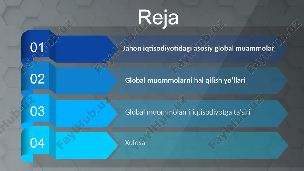 atlarning tashqi qarzlarining ortishi. • bank tizimlaridagi likvidlik muammolari va moliyaviy pufakchalar (financial bubbles). • inflyatsiyaning nazoratdan chiqishi va pul birliklarining qadrsizlanishi. 6 ishlab chiqarishning avtomatlashtirilishi va sun’iy intellekt texnologiyalarining joriy etilishi. • ishchi kuchiga bo‘lgan talabning o‘zgarishi va yangi malakalarga ehtiyoj ortishi. rivojlangan va rivojlanayotgan davlatlar o‘rtasidagi iqtisodiy tafovutlarning kengayishi. 1 2 3 7 yirik iqtisodiy davlatlar (masalan, aqsh va xitoy) o‘rtasidagi bojxona tariflarining oshirilishi. ayrim mamlakatlarning milliy sanoatini himoya qilish uchun import cheklovlarini joriy etishi. jahon savdo tashkiloti (wto) va boshqa xalqaro institutlarning ziddiyatlarni hal etishdagi zaifligi. 8 demografik muommolar va migratsiya aholining tez o‘sishi va oziq-ovqat resurslarining cheklanganligi. keksa aholining ortishi va pensiya tizimlariga bosimning oshishi. ishchi kuchining migratsiyasi natijasida rivojlanayotgan mamlakatlarda malakali kadrlarning yetishmovchiligi. qochqinlar va noqonuniy migratsiyaning jadal sur’atlarda ortishi. asadal internet. inc. 9 01 rivojlangan va rivojlanayotgan mamlakatlar o‘rtasidagi texnologik tafovut. 02 internet va zamonaviy axborot texnologiyalariga kirish imkoniyatlarining notekis taqsimlanishi. 03 asadal inc. …