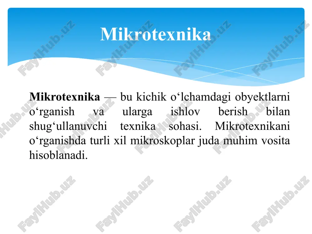 oplar yasagan. birinchi bo‘lib: bakteriyalar protozoalar qon hujayralari sperma hujayrasini kuzatgan mikroskopiya tarixi 📖 robert guk (1665) o‘zining "micrographia" kitobida mikroskopik kuzatuvlarini yozgan. "hujayra (cell)" atamasini birinchi bo‘lib ishlatgan — cork daraxtining tuzilishini o‘rganganida. mikroskoplarning asosiy turlari: optik mikroskoplar elektron mikroskoplar skanerlovchi zondli mikroskop rentgen mikroskoplari optik mikroskoplar monokulyar optik mikroskop optik mikroskopning ishlash printsipi ob'ektiv - bu yuqori kattalashtirishni ta'minlaydigan juda qisqa fokus uzunligiga ega bo'lgan linzalar yoki linzalar tizimi. olingan tasvir uzoqroq fokusli ob'ektiv bo'lgan okulyar orqali ko'z bilan ko'riladi, bu normal vizual idrok etishni ta'minlaydi. ob'ektivlar o'rtasida metall korpus - trubka mavjud bo'lib, unda ob'ektning (yoki butun kichik ob'ektning) aniq tasvirini olish uchun linzalarni siljitish mumkin. optik mikroskop 2000 martagacha kattalashtirishga ega bo'lishi mumkin. optik mikroskoplar yordamida olingan tasvirlarga misollar elektron mikroskop transmissiya elektron mikroskopi elektron mikroskop — kichik ob'ektlarni yorug‘lik o‘rniga elektronlar yordamida kattalashtirib ko‘rishga imkon beruvchi mikroskop turidir. bu mikroskop yordamida optik mikroskoplarga nisbatan ancha …