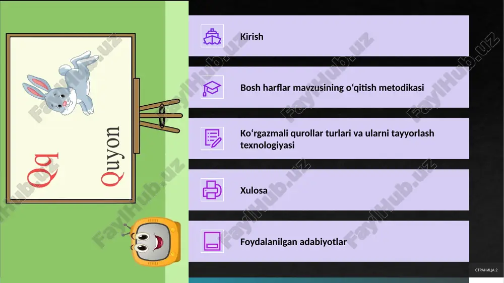 ilarga bosh harflarni o‘rgatishda metodlar o‘quv jarayonining bosqichlariga qarab tanlanadi va ular nazariy bilimlarni amaliy ko‘nikmalarga aylantirishga qaratilgan. birinchi metod – tushuntirish va misollar orqali nazariy asos berish. o‘qituvchi dars boshida qoidalarni jadval shaklida taqdim etadi, masalan, shaxs nomlari uchun “dilbar o‘rinova”, joy nomlari uchun “zarafshon daryosi” misollarini keltirib, har bir toifani alohida tahlil qiladi. bu metod o‘quvchilarning passiv bilimini faollashtiradi va ularni qoidalarni eslab qolishga undaydi. ikkinchi metod – matnli mashqlar, unda o‘quvchilar berilgan matnlardan bosh harf qo‘yish kerak bo‘lgan so‘zlarni topib, ularni tuzatadi. masalan, “o‘zbekiston respublikasi haqida gapirib bering” matnida “o‘zbekiston respublikasi” ni to‘g‘ri yozish topshirig‘i beriladi. bu usul o‘quvchilarning tahliliy qobiliyatini rivojlantiradi va imlo xatolarini oldini oladi.uchinchi metod – amaliy topshiriqlar va guruhli ishlar. o‘quvchilar guruhlarga bo‘linib, “mustaqillik kuni haqida insho yozing” mavzusida yozma ish bajaradi, unda bayram nomini katta harf bilan ishlatishlari talab etiladi. yoki dialog tuzish: “men andijon shahrida yashayman” deb gaplashib, joy nomlarini to‘g‘ri …