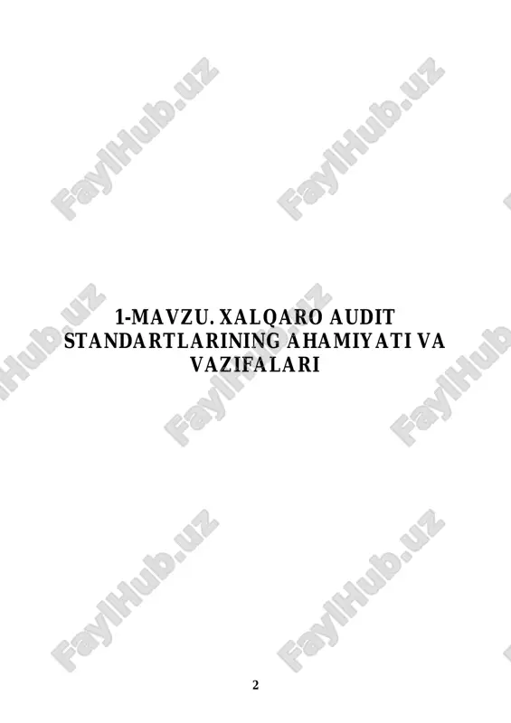 s keladigan me’yorlardan keng foydalanadilar. butun dunyoda auditorlar faoliyatida umumiy standartlar ishlanishiga amerika qasamyod qilgan buxgalterlar instituti (aicpa) katta ta’sir va tashabbus ko’rsatib keladi. aicpa tomonidan auditorlik kasbi, umuman olganda, auditorlik faoliyatiga oid bir nechta standart ishlab chiqildi. mazkur tashkilot tomonidan ishlab chiqilgan standartlar 3 ga bo’linadi: auditning umumiy malaka va etika standartlari: 1. majburiy tayyorgarlik va mahoratlilik. auditor tekshirish o’tkazishda maxsus texnik tayyorgarlikka va auditorlarning professional xulq sifatlariga ega bo’lishi 4 kerak (the examinition is to be reformed by a person or persons having adequate technical training and proficience as an auditor). 2. mustaqillik. har qanday vazifani bajarishda auditor yoki auditorlar mustaqil bo’lishi shart (in all matters relating to the assignment an independence in mental attitude is to be maintained by the auditor or auditors). 3. majburiy malakaviy ziyraklik. tekshirishni o’tkazishda va xulosani tayyorlashda auditordan professional ziyraklik talab etiladi. (due professional care is to be exercised in the performance …