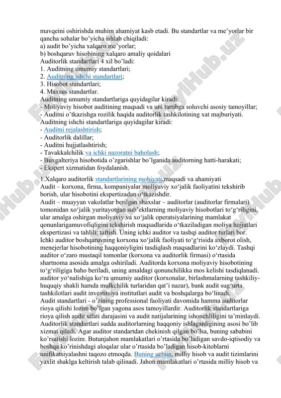 nt firma vakolatxonalari mavjud bo’lib, ularning barchasi xalqaro auditorlik standartlari va ularga mos keladigan me’yorlardan keng foydalanadilar auditning umumiy malaka va etika standartlari: 1. majburiy tayyorgarlik va mahoratlilik. auditor tekshirish o’tkazishda maxsus texnik tayyorgarlikka va auditorlarning professional xulq sifatlariga ega bo’lishi kerak. 2. mustaqillik. har qanday vazifani bajarishda auditor yoki auditorlar mustaqil bo’lishi shart . 3. majburiy malakaviy ziyraklik. tekshirishni o’tkazishda va xulosani tayyorlashda auditordan professional ziyraklik talab etiladi . xalqaro audit standartlari xalqaro miqyosda auditorlik faoliyatining sifati va mavqeini oshirishda muhim ahamiyat kasb etadi. bu standartlar va me’yorlar bir qancha sohalar bo’yicha ishlab chiqiladi: a) audit bo’yicha xalqaro me’yorlar; b) boshqaruv hisobining xalqaro amaliy qoidalari auditorlik standartlari 4 xil bo’ladi: 1. auditning umumiy standartlari; 2. auditning ishchi standartlari; 3. hisobot standartlari; 4. maxsus standartlar. auditning umumiy standartlariga quyidagilar kiradi: - moliyaviy hisobot auditining maqsadi va uni tartibga soluvchi asosiy tamoyillar; - auditni o’tkazishga rozilik haqida auditorlik tashkilotining xat majburiyati. …