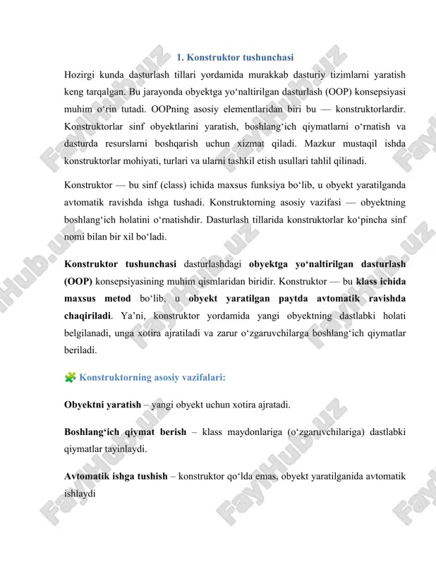 elf.yosh}") # obyekt yaratish talaba1 = talaba("ali", 20) talaba1.malumot() 🔹 bu yerda __init__() — bu konstruktor metod. 🔹 u obyekt yaratilganda avtomatik chaqiriladi va ism, yosh kabi qiymatlarni o‘rnatadi. 🔄 konstruktorning xususiyatlari: konstruktor klass nomi bilan bir xil bo‘ladi. konstruktor qiymat qaytarmaydi (hatto void ham emas). u faqat bir marta chaqiriladi — obyekt yaratilganda. har bir klassda kamida bitta konstruktor bo‘ladi (agar yozilmasa, kompyuter avtomatik default konstruktor yaratadi). 2. dasturlash tillarida konstruktorlarning o‘rni konstruktorlar obyektga yo‘naltirilgan dasturlashda obyekt hayot tsiklini boshqarishning muhim qismi hisoblanadi. ular dasturda ma’lumotlarni tayyorlash, resurslarni ajratish va obyektni ishlashga tayyorlash uchun xizmat qiladi. dasturlash - kompyuterlar va boshqa mikroprotsessorli elektron qurilmalar uchun dasturlar tuzish, sinash va oʻzgartirish jarayonidan iborat. dasturlash dastur tuzuvchilarga dasturlarni kommutatsiya bloki orqali kompyuterning asosiy xotirasiga toʻg‘ridan-toʻg‘ri kiritish imkonini beradi. hozirgi kunda koʻplab masalalarni kompyuter yordamida yechish uchun moʻljallangan zamonaviy dasturlash tillari mavjud. javascript - multiparadigmali dasturlash tili hisoblanib, ob’ektga yoʻnaltirilgan, funktsional uslublarni …