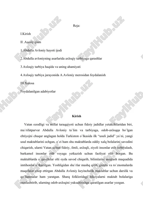 g`ich sinf o`quvchilari o`qishi uchun oson va soda tilda yozilgan axloqiy hikoyalar va adabiy she`rlardan iborat. yuqori sinf o`quvchilari uchun 1913-yilda yozilgan “turkiy guliston yoxud axloq” asari yaxshilikka chorlovchi, yomonlikdan qaytaruvchi axloq kitobi bo`lib, unda olimning odob-axloqqa oid mulohazalari bayon etilgan. “maktab gulistoni” asari 1916-yilda yozilgan bo`lib, adabiy, axloqiy hikoyalar va she`rlar to`plamidir. kurs ishining ahamiyati: jadidlar yangi usul maktablarida nafaqat dunyoviy bilimlar, balki eski aqidalarga qaram bo`lmagan diniy ilmlarni ham o`qitishgan. jumladan, “muxtasar tarixi anbiyo va tarixi islom” asari 3-4 – sinflar uchun mo`ljallangan bo`lib, payg`ambarlar tarixi yoritilgan, yoshlarni haq yo`liga chorlaydigan va e`tiqodini shakllantirishga xizmat qiladigan darslikdir. abdulla avloniy “tarbiya – pedagogiya, ya`ni, bola tarbiyasi fani demakdir. bolaning salomati va saodati uchun yaxshi tarbiya qilmak, tanini pok tutmak, yosh vaqtdan maslakini tuzatmak, yaxshi xulqlarni o`rgatmak, yomon xulqlardan saqlab o`stirmakdur”, - deya ta`riflab, tarbiya va odobaxloqning asosiy mazmunini ifodalagan. kurs ishinig tuzilishi: kirish qismi, 2 bob, 4 bo’lim, xulosa …
