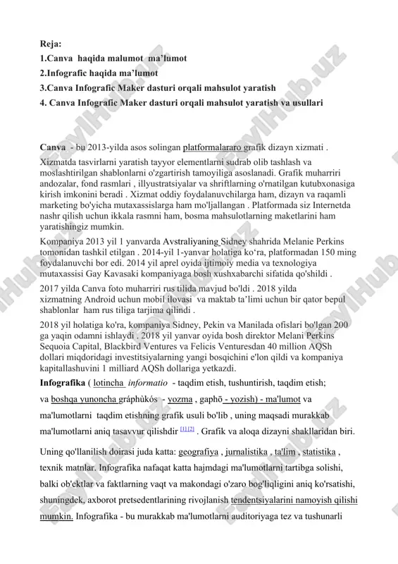 hdir [1] [2] . grafik va aloqa dizayni shakllaridan biri. uning qo'llanilish doirasi juda katta: geografiya , jurnalistika , ta'lim , statistika , texnik matnlar. infografika nafaqat katta hajmdagi ma'lumotlarni tartibga solishi, balki ob'ektlar va faktlarning vaqt va makondagi o'zaro bog'liqligini aniq ko'rsatishi, shuningdek, axborot pretsedentlarining rivojlanish tendentsiyalarini namoyish qilishi mumkin. infografika - bu murakkab ma'lumotlarni auditoriyaga tez va tushunarli tarzda etkazishga qaratilgan ma'lumotlar yoki g'oyalarning vizualizatsiyasi [1] [2] . tasvirlardan tashqari infografikaga grafiklar, diagrammalar, oqim sxemalari, jadvallar, xaritalar, roʻyxatlar ham kirishi mumkin [1] . infografik dizaynga qarama-qarshi ikkita yondashuv mavjud bo'lib, ular infografika uchun vizual echimlarning ahamiyati bo'yicha farqlanadi [ manba 362 kun ko'rsatilmagan ] . ulardan birining orqasida ilmiy ishlarni loyihalash an'anasi bilan bog'liq bo'lgan tadqiqotchi , axborot dizayni bo'yicha bir qancha asarlar muallifi [ manba 362 kun ko'rsatilmagan ] edvard tufte turadi . u infografikaning minimalist tabiatini qo'llab-quvvatlaydi, unda barcha ahamiyatsiz narsalar qoldirilishi va ma'lumotlarning o'zi iloji …