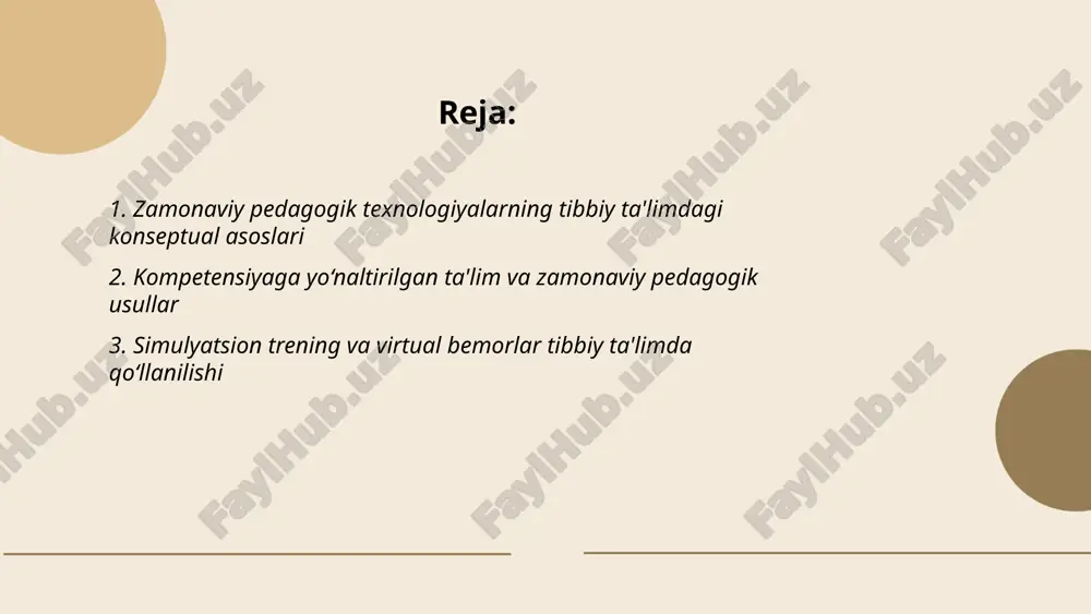 va simulyator operatorlarini maxsus tayyorlash zarurati hamda ba'zi holatlarda realizm cheklanishi. ... t.me/slaydai_bot muammaga asoslangan o‘qitish (pbl) klinik muammolar orqali talabalarning tibbiy kasbiy mahoratini shakllantiradi. pbl 1) klinik fikrlash va muammalarni hal etish ko‘nikmalarini rivojlantiradi; 2) jamoaviy ish, kommunikatsiya va liderlikni kuchaytiradi; 3) o‘zini o‘zi o‘qitish va doimiy bilim yangilashga undaydi; 4) asosiy va klinik fanlarni integratsiyalash va amaliy ko‘nikmalarni mustahkamlaydi. baholash usullari: formativ baholash, osce, refleksiya va portfeli. simulyatsiya va interprofessional ta'lim pbl samaradorligini oshiradi. ... t.me/slaydai_bot gibrid ta'lim modeli an'anaviy kontakt darslari bilan onlayn asinxron va sinxron komponentlarni birlashtiradi. tibbiy ta'limda bu lms, virtual bemor simulyatsiyalari, videokonferensiyalar va interaktiv testlar yordamida klinik ko'nikmalarni mustahkamlash imkonini beradi. integratsiya o'quv rejalarini individualizatsiya, resurslarga 24/7 kirish, baholashning avtomatizatsiyasi va masofaviy mentorlikni ta'minlaydi. muhim talablar: barqaror internet, o'qituvchilar uchun trening, ma'lumotlar xavfsizligi va o'quv sifatini monitor qilish tizimi. ... t.me/slaydai_bot interaktiv dars metodlari: seminar, kichik guruh va jamoaviy o‘rganish tibbiy ta’limda klinik …