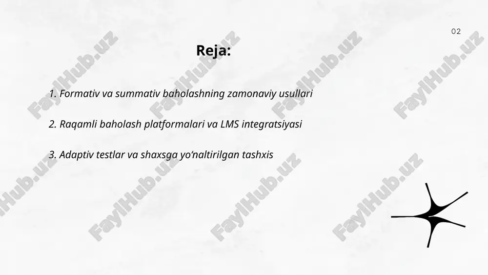 oritmlari asosida ishlaydi, baholash samaradorligini oshiradi, test vaqtini qisqartiradi va motivatsiyani yaxshilaydi. shaxsga yo‘naltirilgan tashxisda adaptiv testlardan olingan profillar kompetensiyalarni xaritalash, o‘quv yo‘nalishini optimallashtirish, darhol qayta aloqa berish va diagnostik tavsiyalarni yaratishda qo‘llanadi. amaliyotda infrastruktura, o‘qituvchi tayyorgarligi va ma’lumot xavfsizligi muhim. ... t.me/slaydai_bot portfel va loyiha asosida baholash o‘quvchilarning kompetentsiyalarini amaliy vazifalar orqali aniqlash usuli. portfel o‘z ichiga 1) ish namunalarini, 2) reflektiv yozuvlarni, 3) baholash mezonlariga mos hujjatlarni oladi. loyiha asosida baholash real muammo yechimi, jamoaviy ish, taqdimot va yakuniy mahsulotga qaratilgan. jarayonning 4 bosqichi: rejalashtirish, ijro etish, dokumentatsiya, baholash. mezonlar: maqsadga muvofiqlik, innovatsiya, mustaqillik, hamkorlik, taqdimot. tavsiya etilgan baho taqsimoti: portfel 40% loyiha 60%. ... t.me/slaydai_bot performans baholash real dunyo vazifalari asosida talabaning amaliy ko‘nikma, muammolarni hal qilish va hamkorlik qobiliyatini tahlil qiladi. vazifa loyihalash, baholash mezonlari (rubrika), kuzatuv varaqalari va video yozuvlar orqali amalga oshiriladi. baholashda autentiklik, ishonchlilik, haqqoniylik va kriteriyaga asoslangan baholash muhim. natijalar kompetensiyalar bo‘yicha …