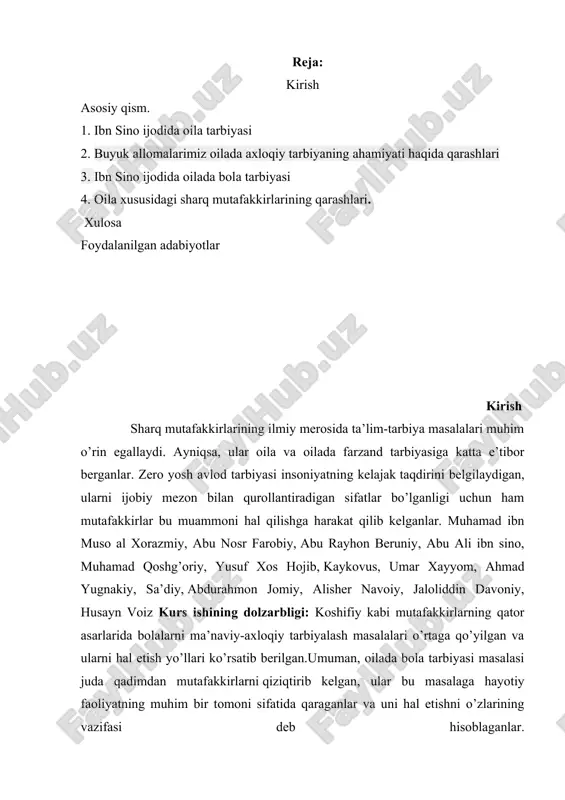 rashlar yuz yillar davomida avlodlar uchun tarbiyalash maktabi bo’lib kelmoqda. masalan, uning “tadbir ul-manozil” nomli asarida katta bir bob oila va oilaviy tarbiya masalasiga bag’ishlangandir. ibn sino oilada bola tarbiyasi ancha murakkab va nozik bo’lib, uni bolaning yoshligidan boshlash va izchillik bilan olib borish lozimligini uqtiradi. kurs ishining vazifalari: u ona allasining tarbiyaviy ahamiyati haqida to’xtalib “alla” ikki vazifani bajaradi, deydi. birinchisi, uni tebratish orqali bolaga jismoniy orom bag’ishlanadi; ikkinchisi, beshikni bir maromda tebratishdan onaning mehri jo’sh uradi, bolasiga bo’lgan muhabbatidan onaning orzu-umidi yurak to’ridan siqilib chiqaradi. bu o’ziga qo’shiq bolasiga qasidadek yangraydi va u farzandining murg’ak qalbiga, butun shuuriga singib boradi. shu tarzda bolada o’zi ham anglamagan holat paydo bo’ladi. u asta-sekin bu yorug’ olamni anglay boshlaydi. ana shu anglashdan o’rganish boshlanadi. xuddi shu o’rganish tarbiyalanishdir. zotan, o’rganish sezishdan boshlanadi. kurs ishining tuzilishi: kirish qismi, asosiy qism , 4 bo’lim, xulosa va foydalanilgan adabiyotlardan tuzilgan. asosiy qism ibn sino …