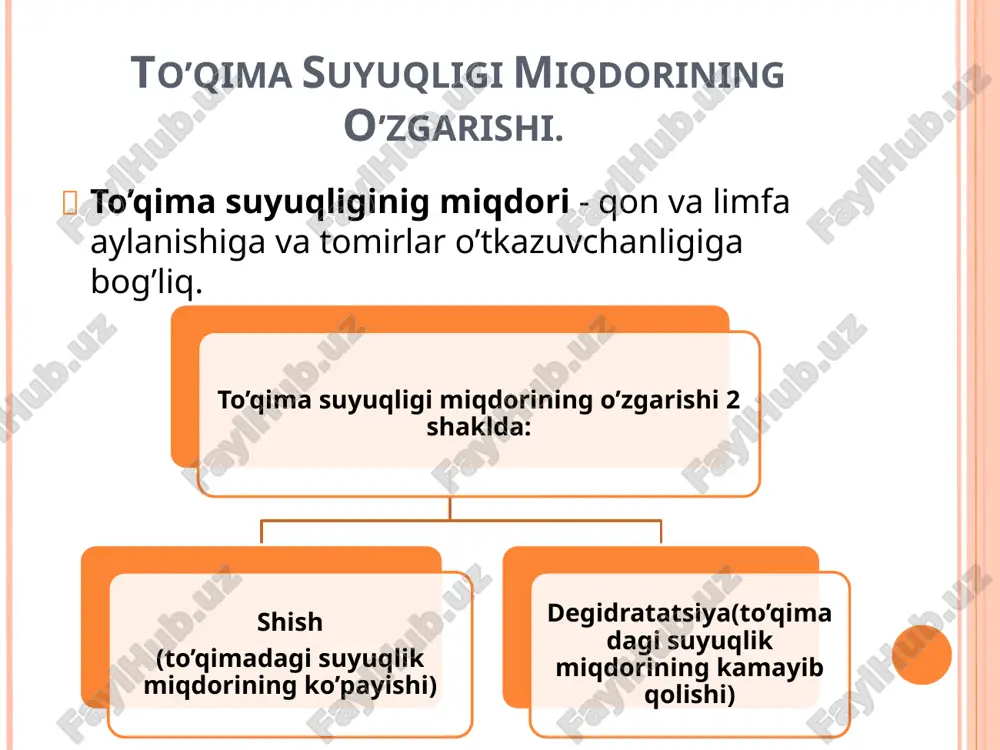 zaga keladigan nefrotik sindrom tarqoq shish hosil bo’lishi bilan ta’riflanadi. plazma oqsillarining sizntezining buzilishi jigar jigar kasalliklarida so’rilish izdan chiqgan mahallarda ham kuzatiladi limfa tomirlarining tiqilib qolishi, bekilib ketishi, shishning boshqa bir dastlabki sababidir. limfa tomirlarining tug’ma gipoplaziyasi mahalida, limfa tomirlarini chandiqlar, o’smalar bosib qo’ygan hollarda, limfa tomirlari fibrozi va limfa tugunlari o’smalarida limfa suyuqligini oqib ketishini izdan chiqadi. uzoq davom etgan limfatik shish to’qimalarida oqsillar to’planadi va keyinchalik kollagen tolalar o’sishi natijasida organlar shakli o’zgarishiga (fil oyoqlik) olib keladi. natriy ba suvning ushlanib qolishi ham shish paydo bo’lishiga olib boradigan omillar jumlasiga kiradi. tuz ushlanib qolishi bilan kechadiga o’tkir buyrak yetishmovchiligi paytida yoki poststreptokokk glomerulonefriti mahalida kuzatiladi. patologik anatomiyasi gavdaning pastki qismida kuzatiladigan teri osti klechatkasi shishi yurak yetishmovchiligida kuzatiladi. o’ng qorinchada yetishmovchilik boshlanib venoz qon oqib ketishi izdan chiqadi. shishning oyoqlarda ko’proq ucharashiga sabab oyoq tomirlaridagi gidrostatik bosimning birmuncha yuqori bo’lishiga bog’liq. o’pka shishi chap qorincha yetrishmovchiligi, buyrak …