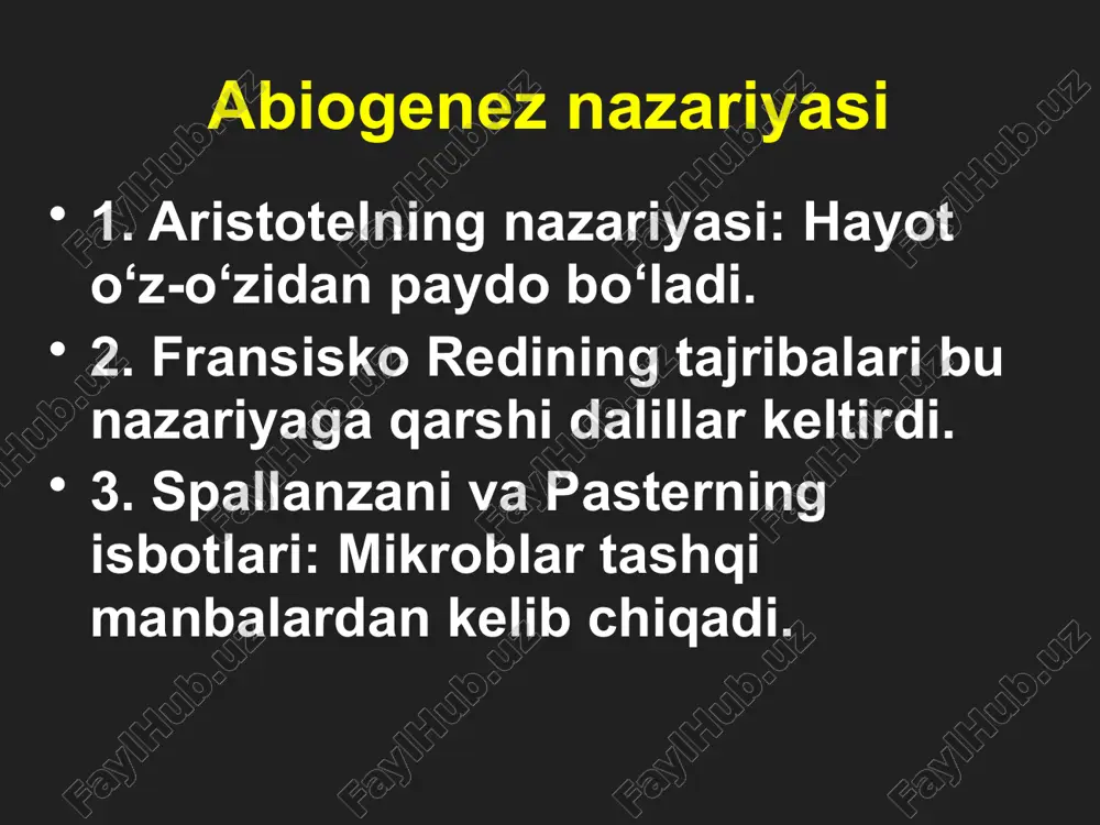 nlarini simulyatsiya qilish. 3. issiq manbalar va gidrotermal ventlar tadqiqoti: hayotning suv ostida boshlanish ehtimoli. hali yechilmagan muammolar 1. hayotning dastlabki molekulalari qanday paydo bo‘lgan? 2. oddiy molekulalardan murakkab hujayralarning hosil bo‘lish mexanizmi. 3. dnk, rnk va oqsillar o‘rtasidagi murakkab bog‘liqlik qanday shakllangan? xulosa hayotning kelib chiqishi hali to‘liq tushunilmagan, ammo ilmiy tadqiqotlar yangi yo‘nalishlarni ochmoqda. zamonaviy texnologiyalar orqali hayotning sirlarini ochishga yaqinlashmoqdamiz.