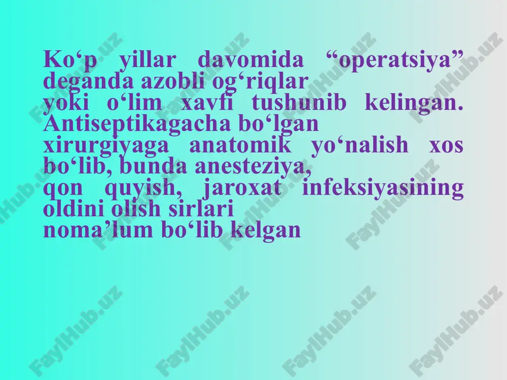 kasalligida yoki yurak nuqsonlarida olis operatsiya oldi davrida sa-nator davo tavsiya qilinadi, tanglay murtak-lari va kariyes tishlar sanasiya qilinadi yaqin operatsiyadan oldingi davrda (7-15 kun davomida) somatik tizimlar holatiga e’tibor berila-di, bevosita operatsiyadan oldingi davrda esa sani-tar gigiyenik ishlov o‘tkazilib, siydik pufagi va to‘g‘ri ichak bo‘shatiladi bevosita operatsiyadan oldingi va maxsus (spesifik) tadbirlar tafovut qilinadi. bevosita operatsiyadan oldingi tadbirlar bir turdaligi va albatta qilinishi zarurligi bilan farqlanadi va u gigiyenik vanna qabul qilish, sochlarni qirish, tozalovchi huqna qilish va siydik qopini bo‘shatish-ni o‘z ichiga oladi maxsus (spesifik) tadbirlar esa ma’lum bir operatsiyalar oldidan qilinishi bilan farq qiladi, masalan piloroduodenal stenoz bo‘lganida oshqozonni bo‘shatish, yo‘g‘on ichak operatsiyala-ri oldidan sifon huqnasi qilish va o‘pkaning yiringli kasalliklarida bronxlarni sanatsiya qilish shular jumlasiga kiradi operatsiyadan oldingi tayyorgarlikka quyidagilar ham kiradi va ular: 1) bemorlarni asabiy holatini 2) umumiy somatik holatini 3) mahalliy jarayonlarni o‘rganib yaxshilanadi bemorlar asab tizimini tayyorlash quyidagilarni o‘z ichiga oladi: 1. …