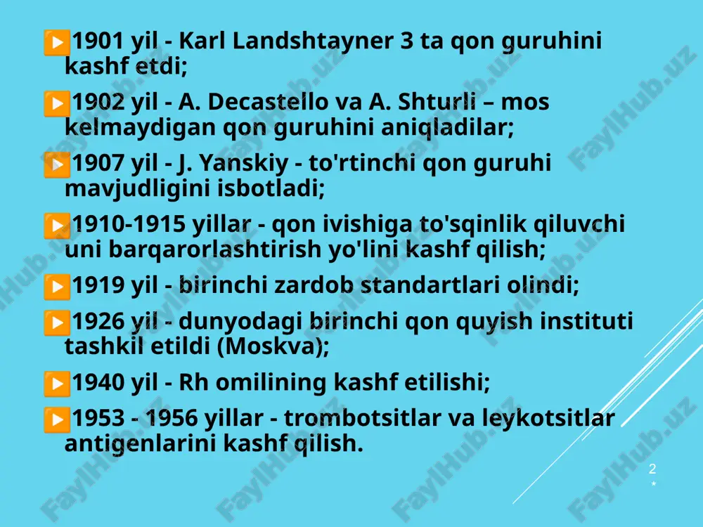 lan bog'lanish qobiliyati; ‹#› * ‹#› hujayra antijenlarining turlari -eritrotsitar -leykotsitar -trombotsitar (hozirda alohida klinik ahamiyatga ega emas); ‹#› eritrotsitar antigenlar abo antigen tizimi rh omil antigen tizimi ikkilamchi antigen tizimlar (guruh tizimlari, p tizimi, kell lyuteran, kidd, diego, daffy, dombrok, eritrotsitlar ferment guruhlari) * ‹#› ‹#› leykotsitlar antigeni umumiy leykotsitlar antijeni (hla) polimorfonukulyar leykotsitlarning antigeni (granulotsitlar) limfotsitlar antigeni (to'qimalarga xos) plazma antigenlari plazma (zardob) antigeni - qon plazmasi (zardobi) oqsil molekulalari yuzasida (immunoglobulinlarga xos) aminokislotalar yoki uglevodlarning ma'lum komplekslari. * ‹#› qon guruhi haqida tushuncha qon guruhi - bu irsiy jihatdan belgilanadigan va har bir shaxsning biologik xususiyati bo'lgan qonning normal immunologik va genetik xususiyatlarining kombinatsiyasi. ‹#› * ‹#› moslik - bu donor va retsipiyent qonning antigenlar va antitanachalar uchun mosligi bo'lib, immunologik nomutanosiblik keltirib chiqarmaydi. ‹#› 0 (i) guruh - eritrotsitlarda agglyutinogenlar, qon zardobida alfa va beta aglyutininlar mavjud emas; a (ii) guruh - eritrotsitlarda aglutinogen a, zardobda …