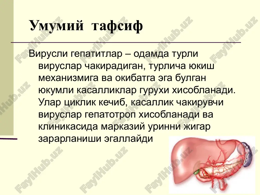 i kasallik ogir kechishi mumkin, ba'zan fulminant (yashinsimon) shaklda umumiy strukturada vg 10-30% ni egallaydi xozirgi vaktda vgv – er sharida eng kup tarkalgan infektsiya xisoblanadi. jaxonda 2 mlrd.dan ortik odamlarda hbv-infektsiya utkazilgan markerlari aniklangan. 400 mln.ga yakin odam hbv ni surunkali tashuvchisi xisoblanadi. ulim sabablari buyicha vg ettinchi urinda turadi, «xayotni potentsial yukotish yillari» kriteriysi buyicha stabil uchinchi urini egallaydi, fakat pnevmoniya va utkir diareyalardan keyin turadi. jaxonda hbv-infektsiya bilan yiliga1 mln.dan ortik ulim boglik, bunga jigar tsirrozi (700 ming atrofida) va birlamchi jigar raki (300 ming) xam kiradi. epidemiologiyasi asosiy kasallik manbai va rezervuar – hbv virus tashuvchilar, surunkali gepatit bilan ogrigan bemorlar, kamrok darajada kasallikning utkir shakli bilan ogrigan bemorlar jinsiy yul bilan yukadi vertikal yukish extimoli yukori (hbeag+ xollarda 80% gacha) shaxsiy gigiena buyumlarini kullaganda zararlangan kon va kon preparatlari kuyilganda turli parenteral muolajalarda surunkali somatik kasalliklari bulgan bemorlar moyillik guruxi (gruppa riska) : gemofiliyali bemorlar …