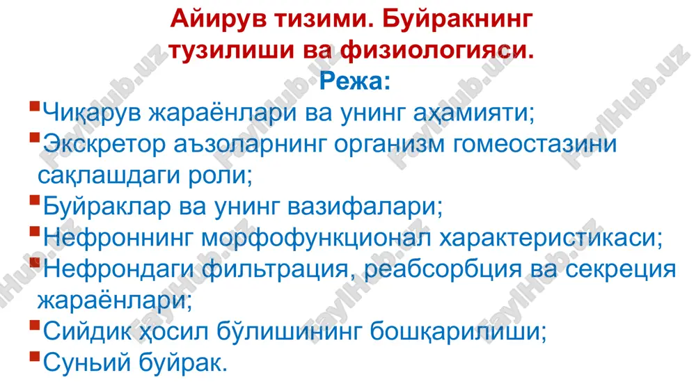 /, fosfat/, kaliy xlorid, kaltsiy tuz/i, shuningdek, oqsil almashinuvi mahsulot/i (mochevina, sut kislotasi, siydik kislotasi, ammiak, ayrim aminokislota/), uchuvchi yog' kislota/i. ter= reaktsiyasi - kislotali: ph 3,8-6,2. chiqaruv organizm ichki muhiti doimiyligi, ya'ni, suyuqliklar va qon miqdorini bir xilda ushlab turishda ishtirok etadi. chiqaruv organlari va ayniqsa, buyraklar: suv-tuz va ionlar balansi saqlaydi osmotik bosimni saqlaydi qon va to'qimada rnni normada ushlaydi qon bosimini boshqaradi qon hajmini boshqaradi azotli modda/ miqdo-rini stabillaydi (mochevina, kreatinin, siyd.kislotasi) bel sohasining qorin bo'shlig'i tomonidan ko'rinishi. siydik ajratuv tizimi pastki kovak vena aorta buyraklar siydik yo'llari siydik pufagi siydik chiqarish yo'li buyraklarning vazifalari № chiqaruv vazifalari: 1 qon va suyuqliklar almashinuvi 2 qon osmotik bosimi barqarorligi 3 organizm ion muvozanati 4 kislota-ishqor muvozanati 5 oxirgi maxsulotlar ekskretsiyasi 6 ortiqcha organik maxsulotlarni chiqarish 7 oqsil, yog' va uglevodlar metabolizmi № chiqaruvdan tashqari vazifalari: 1 arterial bosim (renin) 2 eritropoez (eritropoetin) 3 fibrinoliz (urokinaza) 4 fiziologik faol …