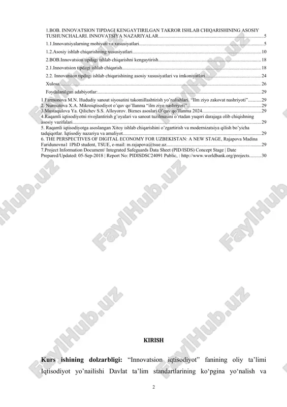 ari va moliyalashtirish manbalarini o‘zlashtirishdir. kurs ishining maqsadi: darslikda innovatsion faoliyatni tartibga soluvchi qonunchilik va me’yoriy hujjatlardan foydalanishga katta e’tibor qaratilan. bunda huquqiy jihatlar faqatgina innovatsiyalarni moliyalashtirish va rag‘batlantirishga oid me’yoriy-huquqiy hujjatlar bilan cheklanib qolmay, balki innovatsion mexanizmining moliyaiqtisodiy, tashkiliy, boshqaruv, axborot va ma’naviy-psixologik elementlarini qamragan kengroq ma’noda ko‘rib chiqilan. xorijiy tajriba sanoati rivojlangan mamlakatlarda innovatsion jarayonlar rivojlanishining umumiy tendensiyalarini aniqlash va respublika boshqaruv siyosatida innovatsion faoliyatning eng samarali shakllari va amalga oshirish metodlaridan foydalanish nuqtai nazaridan bayon etilgan. kurs ishining ahamaiyati: innovatsion iqtisodiyotning ayrim masalalari qisqa va umumiy qilib berilgan, bu esa bir qator nashr qilingan o‘quv qo‘llanmalari mavjudligi bilan izohlanadiki, u erda ular etarlicha batafsil o‘rganilgan. darslikda mavjud o‘quv-uslubiy materialni umumlashtirish, bir qator muzokarali masalalar bo‘yicha turli qarashlar tahlili va faktik (soha, hududiy va xorijiy) materialdan foydalanish asosida yozilgan. kitob tayyorlash jarayonida muayyan qiyinchiliklar vujudga keldi. ushbu qiyinchiliklar u yoki bu masalaning talqin etilishi, shuningdek, innovatsion iqtisodiyot tizimi …