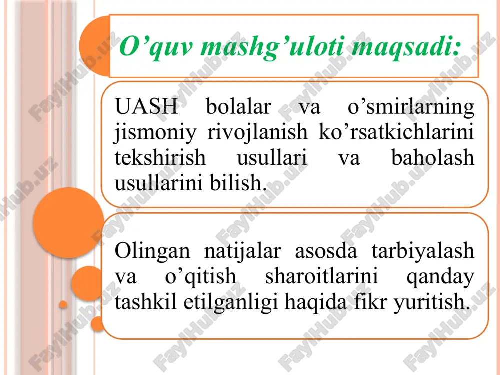 , balki uyushgan jamoalardagi bolalarning jismoniy rivojlanishini nazorat qilishdan iborat. bu bolalarning yashash muhitidagi gigienik omillarni o’z vaqtida to’g’ri baholash va korrektsiya qilishga imkon beradi, jumladan bolalarning ovqatlanishi, jismoniy mashqlarning turi va darajasi, ish va o’qish joylarining tashkil etilganligi, to’g’ri tuzilgan kun tartibi, hamda maktabdagi mashg’ulotlarning tartibi va xarakteri, bolalar muassasalarining sanitar-texnik jihozlanganligining to’g’riligi, xonalarning yoritilish sifati kabilar. bundan tashqari jismoniy rivojlanishni shaxsiy tarzda tahlil qilish, har bir muayyan bolaga nisbatan uash ish taktikasini aniqlashga imkon beradi: qo’shimcha tibbiy tekshirishlarni o’tkazilish zaruriyati, davolovchi-sog’lomlashtirish tadbirlari. bolalar va o’smirlarning jismoniy rivojlanish ko’rsatkichlari oilada va hamda maktabgacha va maktab muassalaridagi tarbiyalash va o’qitish sharoitlarinng qanday yaratilganligiga bog’liqdir. bunday eng ko’p ahamiyatga ega bo’ladigan omillar qatoriga bolalarning ovqatlanish sifati, jismoniy yuklamalarning xarakteri va darajasi, o’qish joylarining tashkil etilganligi, oqilona tuzilgan va bajariladigan kun tartibi, maktabdagi darslarning tartibi va xarakteri, bolalar muassasalaridagi sanitar-texnik jihozlarning sozligi, xonalarning yoritilish sifati va b.q. kiradi. shuning uchun vrach bolalar …