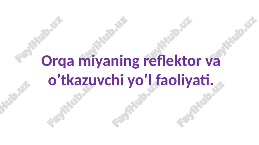 n ko'krak va medial oraliq yadrolar joylashgan. viii- plastina oraliq neyronlarning ko'p sonli tiplarida orqa shox propriotseptiv sezuvchi tolalar va vestibulospinal va retikulo-spinal traktlar tolalari tugaydi. neyronlar ko'plab kontrlateral va komissural propriospinal aloqalarga ega b-b, boshqa yadrolar motor aktivligini kuchaytirishi mumkin. ix-plastina (birlamchi motor zona) bu sohada turli funktsional guruhlarga birlashgan a- i γ-motoneyronlar joylashgan. ushbu neyronlar orqa miya reflekslarining (intrafuzal mushak tolalaridan kelgan afferent nerv tolalari), qo'zg'atuvchi va tormozlovchi oraliq neyronlar aksonlari va tushuvchi o'tkazuvchi traktlar tolalarining oxirgi yo'llari hisoblanadi. x-plastina bu plastinaning kulrang moddasi markaziy kanalni o'rab turadi. ushbu sohada neyronlar b-n birga ko'plab glial hujayralar va komissural tolalar uchraydi. oq modda har tomondan kul rang moddani o'rab turadi va quyidagi 3 ta kanalchaga bo'linadi: oldingi, orqangi, yon. bo'yin qalinlashuvi spinal gangliy (tugun)lar bel-dumg'aza qalinlashuvi ot dumi orqa miya umurtqa yon shox orqa shox kulrang modda afferent neyron tanasi afferent neyron oraliq neyron harakatlantiruvchi neyron oq modda old …