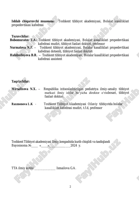 lan tushuniladi, ular birgalikda uning kamolot jarayonini aks ettiradi. bolalarning, shuningdek o‗smirlarning jismoniy rivojlanish ko‗rsatkichlariga bevosita ta‘sir etishi turli kasalliklarga, xususan endokrin kasalliklar, surunkali kasalliklar bilan bog‗liq. o'sayotgan organizmning jismoniy rivojlanishini o'z vaqtida dinamik ravishda kuzatib borish o'sish va kamolotning individual xususiyatlarini aniqlash uchun zarurdir. bolaning o'sishi va rivojlanishi davrida siljishlar, ayniqsa noqulay omillarga uzoq vaqt ta'sir qilish bilan, patologik jarayonlarga osongina aylanishi mumkin. jismoniy rivojlanish atrof-muhit omillari ta'siri ostida genotipik ma‘lumotlar fenotipik namoyon bo‘lganda ontogenezning ma'lum bosqichlarida tananing o'sishi va rivojlanish jarayonlarini aks ettiradi. qo'shimcha usul sifatida indeks usuli ko'pincha ishlatiladi, bu jismoniy rivojlanishni matematik formulalarda ifodalangan individual antropometrik xususiyatlarning nisbati bilan tavsiflashga imkon beradi. 3 bolaning jismoniy rivojlanishi o‗qitish texnologiyasi o‗qish vaqti: 6,0 s talabalar soni: 9-10 ta o‗quv mashg‗ulotining shakli va turi amaliy mashg‗ulot o‗quv mashg‗ulotining tuzilishi 1. nazariy qism 2. amaliy qism o‗quv xonasining tuzilishi 1. kafedrani o‗quv tematik xonasi. 2. o‗quv qo‗llanmasi, tarqatma materiallar, vaziyatli …