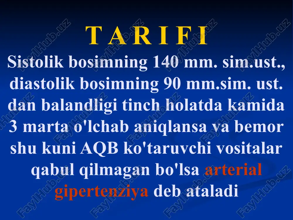 ez lipid almashinuvi buzilishi ag davomiyligi dori vositalarini qabul qilishi yondosh kasalliklarining mavjudligi ikkilamchi ag simptomlarini aniqlash hayot tarzini baholash klinikasi fizikal tekshiruv bemorning holati semizlik – ayniqsa abdominal semizlik oyoqlar shishi teri rangi nevrologik simptomlar yurak sohasi ko'rigi, palpatsiyasi va perkussiyasi i bosqich – o'zgarishlarsiz ii – iii bosqich – cho'qqi turtkisining kuchayishi va chapga siljishi, yurak nisbiy chegarasining chapga siljishi, qon tomirlari tutamining kengayishi yurak auskultatsiyasi i ton kuchsiz yoki «soqov» aorta ustida ii ton aktsenti aortada funktsional shovqin aniqlanadi mitral qopqoqlarning nisbiy etishmovchiligida – cho'qqida sistolik shovqin i ton susayishi bilan eshitiladi va bu qo'ltiqosti sohaga o'tkaziladi arterial puls arterial puls to'liq, taranglashgan, katta ko'pincha taxikardiya va aritmiyalar aniqlanadi. arterial qon bosim nazorati sutka davomidagi aqb dinamikasi to'g'risida kengroq malumot olish exokardiografiya chap qorincha gipertrofiyasi aniqlanadi yurak bo'shliqlarining o'lchamlari aniqlanadi chap qorinchaning sistolik faoliyati baholanadi chap qorinchaning diastolik faoliyati baholanadi chap qorincha qisqarishining regionar buzilishi aniqlanadi alohida …