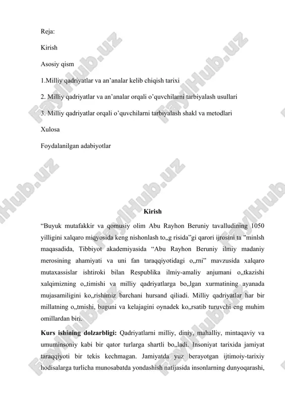 , birovning haqiga, ayniqsa, yetimesirlarning, qo„ni-qo„shnilarning, ojiz-notavonlarning haqiga xiyonat qilmaslik, orttirgan mol-dunyosidan xayr-ehson qilish, har qanday sharoitda ham hayo va andisha saqlash, ahli ayoli – oilasini asrab-avaylash singari juda ko„plab insoniy fazilatlar milliy qadriyatlarimizning asosini tashkil etadi. jahonda hozrgi taxlikali zamonda fan va texnikaning eng yangi sohalari bo„lgan natexnologiyalar, mashina intellekti, sun‟iy intellekt biokibernetika, ginetik tibbiyotdagi kashfiyotlarning ma‟naviy mezonlari uzoqlashishi jiddiy xavotirlarni vujudga keltiradi. bu kabi muammolarni oldiniolish esa ilim –sohasi vakillarining milliy madaniyatini rivojlantirsh, hususan yosh tadqiqodchilar imlmiy ijtimoy faoliyatininig ma‟naviy ahloqiy asoslari, tamoillari va mezonlar, zamonaviy ilm – fan etikasi me‟yorlari hamda pedagogik askiologiya, qadriyatlar tizimini o„rganishga bo„lgan ehtiyoj yanada kuchaydi. kurs ishining vazifalari: pedagogik antropologiya - shaxs va jamiyat integratsiyasi omili sifatida, qadriyatli yondashuv asosida pedagogika nazariyasi va amaliyotini tahlil qilish, akmeologik yondashuv asosida talabalarda kreativ qobiliyatni, pedagogik fasilitatsiya vositasida talabalarning mustaqil ishlarini tashkil etish, yoshlarda qadriyatlar milliy qadriyatlar tizimi va mafkuraviy immunitetni shakllantirish bo„yicha ilmiy tadqiqotlar …
