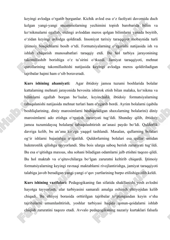 mlarni jalb etishni taqozo qildi. bu hol maktab va o‘qituvchilarga bo‘lgan zaruratni keltirib chiqardi. ijtimoiy formatsiyalarning keyingi ravnaqi maktablarni rivojlantirishga, jamiyat taraqqiyoti talabiga javob beradigan yangi-yangi o‘quv yurtlarining barpo etilishiga olib keldi. kurs ishining vazifalari: pedagogikaning fan sifatida shakllanishi yosh avlodni hayotga tayyorlash, ular tarbiyasini samarali amalga oshirish ehtiyojidan kelib chiqadi. bu ehtiyoj borasida orttirilgan tajribalar to‘plangandan keyin o‘sha tajribalarni umumlashtirish, yoshlar tarbiyasi haqida qonun-qoidalarni ishlab chiqish zaruratini taqozo etadi. avvalo pedagogikaning nazariy kurtaklari falsafa negizida paydo bo‘ladi. ba’zi falsafiy fikrlar quldorlik jamiyatidayoq rivojlana boshlagan edi. kurs ishining tuzilishi: kirish qismi, asosiy qism , 3 bo’lim , xulosa va foydalanilgan adabiyotlar. asosiy qism qadimdan inson tarbiyasiga oid fikrlar xalq maqollarida, afsonalarda, dostonlarda o‘z ifodasini topgan. ularda rostgo‘ylik, ota-onaga hurmat-ehtirom kabi fazilatlar tarannum etilgan. „alpomish“, „òo‘maris“ kabi doston va ertaklarda vatanparvarlik, insonparvarlik tuyg‘ulari ulug‘lanadi. òa’lim va tarbiya masalalari hamisha mutafakkir, yozuvchi, olimlar xayolini band qilib kelgan. ular o‘zlarining bola tabiati, ularni …