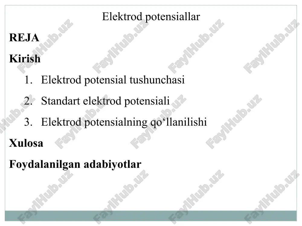 uhim ahamiyatga ega. standart elektrod potensiallari yordamida metallarning kimyoviy aktivlik qatori tuziladi, galvanik elementlarning eyuk qiymati hisoblanadi hamda reaksiyalarning borish yo‘nalishi bashorat qilinadi. foydalanilgan adabiyotlar karimov, b. elektrokimyo asoslari. – toshkent: “fan va texnologiya”, 2019. brown, t. l., lemay, h. e., bursten, b. e. chemistry: the central science. – 14th edition. – pearson education, 2018. petrucci, r. h., harwood, w. s., herring, f. g. general chemistry: principles and modern applications. – 11th edition. – pearson, 2017. image3.jpeg /docprops/thumbnail.jpeg