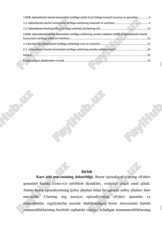 etadi. iqtisodiy tizimlarda davlat va bozor tizimi o'ziga xos ahamiyat kasb etib, har biri mustaqil amal qiladi. shu bilan birga turli iqtisodiy tizimlar bir-biridan iqtisodiyotni boshqarish va tartibga solishda davlat va bozor rolining nisbati bo'yicha keskin farqlanadi. masalan, bir iqtisodiy tizim ko'proq davlat tomonidan boshqarishga tayansa, boshqasi bozor mexanizmi orqali tartiblashga ustunlik beradi. mamlakatizmining deyarli barcha sohalarida davlat aralashuvi juda yuqori. bu o'z navbatida iqtisodiy rivojlanishimizda bir qator muammolarni yuzaga keltirmoqda. bu to'g'risida prezidentimiz sh.m. mirziyoyev tomonidan quyidagi fikrlarning bildirilgan bizning fikrimiz asoslanganligini ayon qildi. xususan, davlatimiz rahbari "...iqtisodiyotni boshqarishda davlat aralashuvini keskin kamaytirish lozim. bugungi kunda mamlakatimizda 603 ta aksiyadorlik jamiyati vlat tomonidan tartibga solishning amaliy natijalarini tahlil qilish; kurs ishining obyekti iqtisodiyotni davlat tomonidan tartibga solish bo'yicha mavjud qarashlar, nazariyalar hamda shakllar hisoblanadi. kurs ishining predmeti mamlakatimizda iqtisodiyotni davlat tomonidan tartibga solinishida amalga oshirilayotgan iqtisodiy, ijtimoiy va siyosiy jarayonlarni o'z ichiga oladi. kurs ishining nazariy va uslubiy asoslarini …