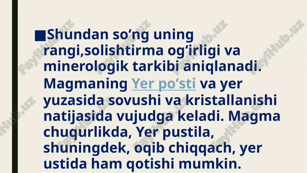 jinslarining mineral tarkibini aniqlash ularning tarkibiy qismini o’rganishga imkon bersa, tog’ jinslari qanday hosil bo’lgan, degan savolga ularning strukturasi va teksturalarini o’rganish deb javob beriladi. magmatik jinslar etiboringiz uchun raxmat image1.jpeg image2.jpeg image3.jpeg image4.jpeg /docprops/thumbnail.jpeg